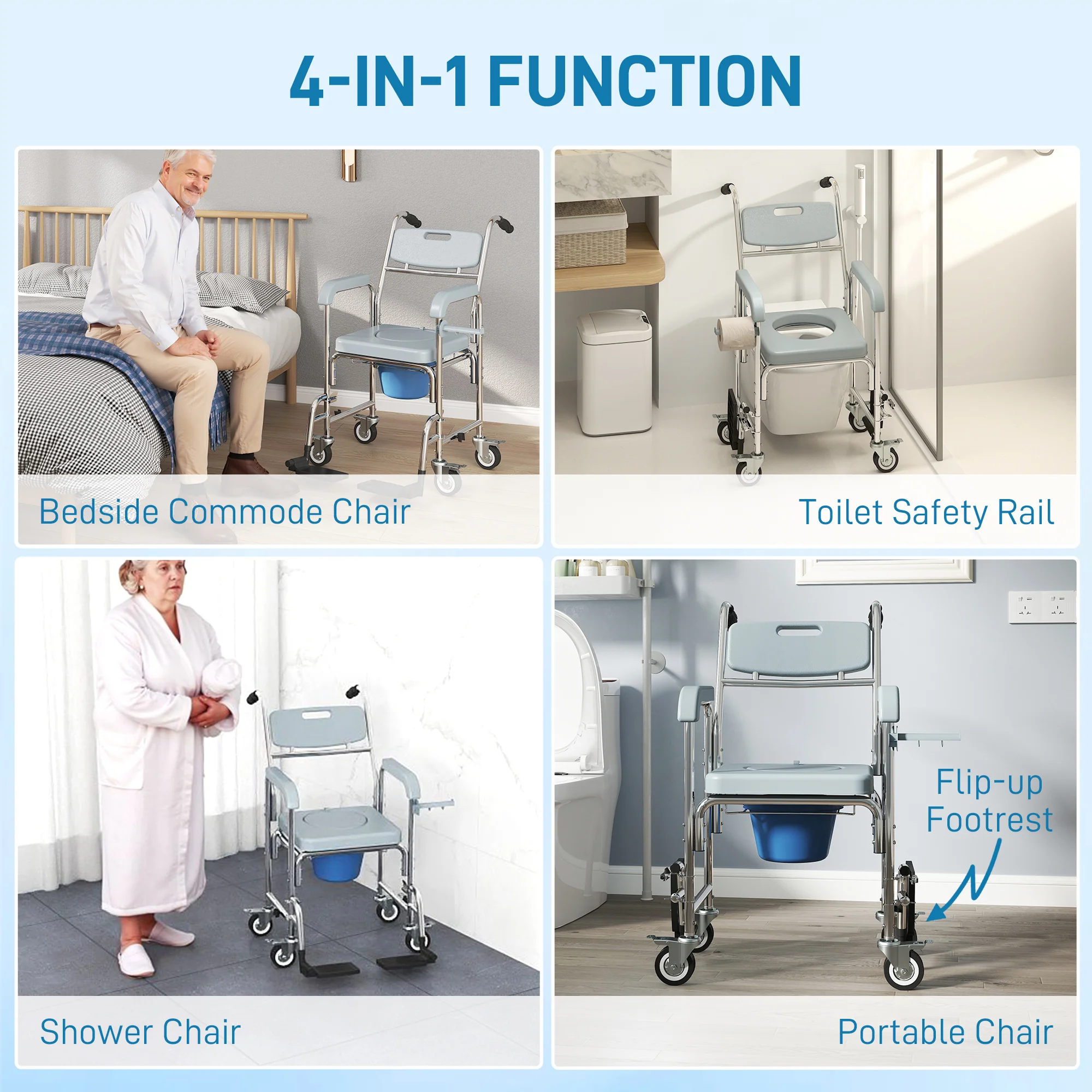 HOMCOM 4 In 1 Shower Chair With Wheels, Bedside Commode Wheelchair, Grey - Image 3