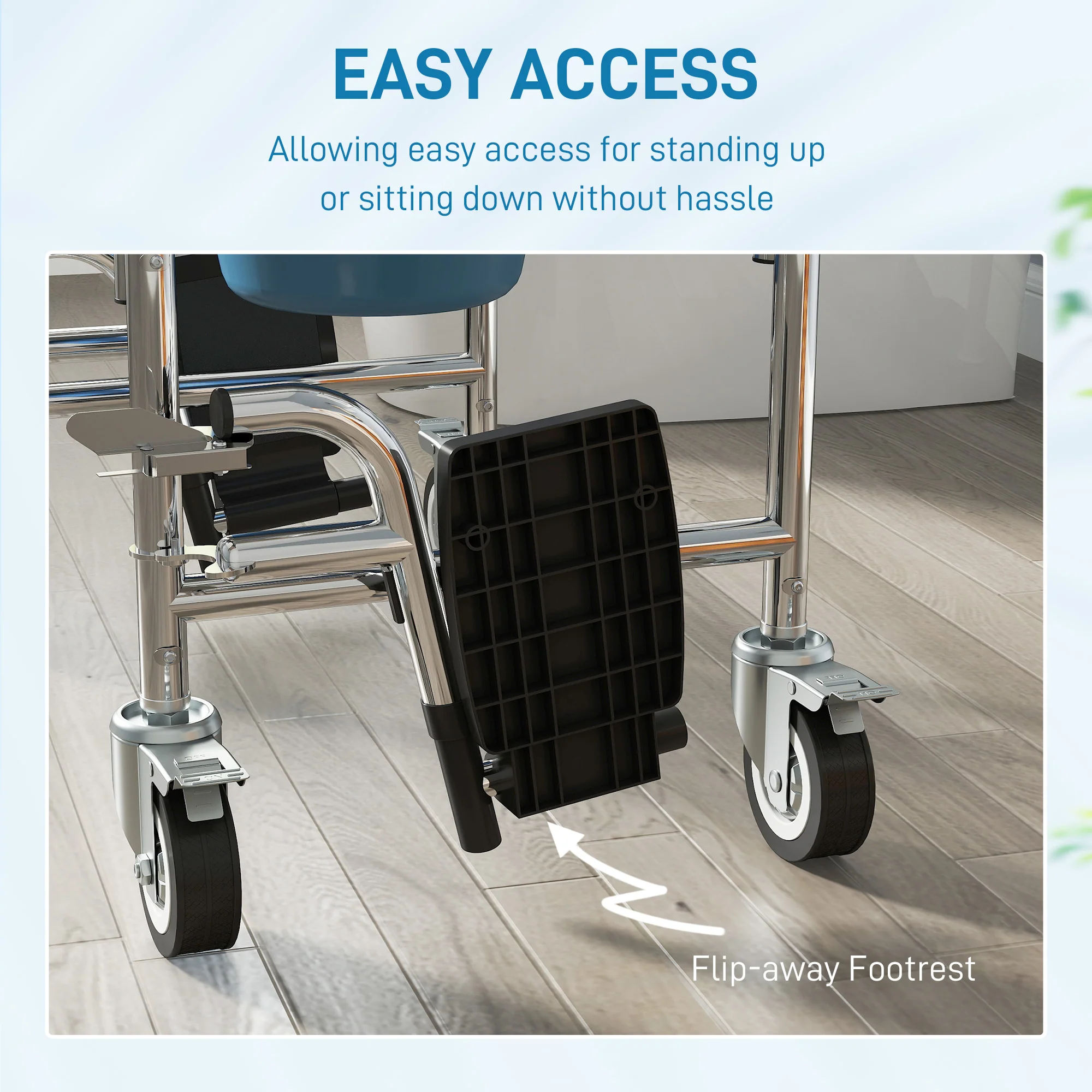 HOMCOM 4 In 1 Shower Chair With Wheels, Bedside Commode Wheelchair, Grey - Image 7