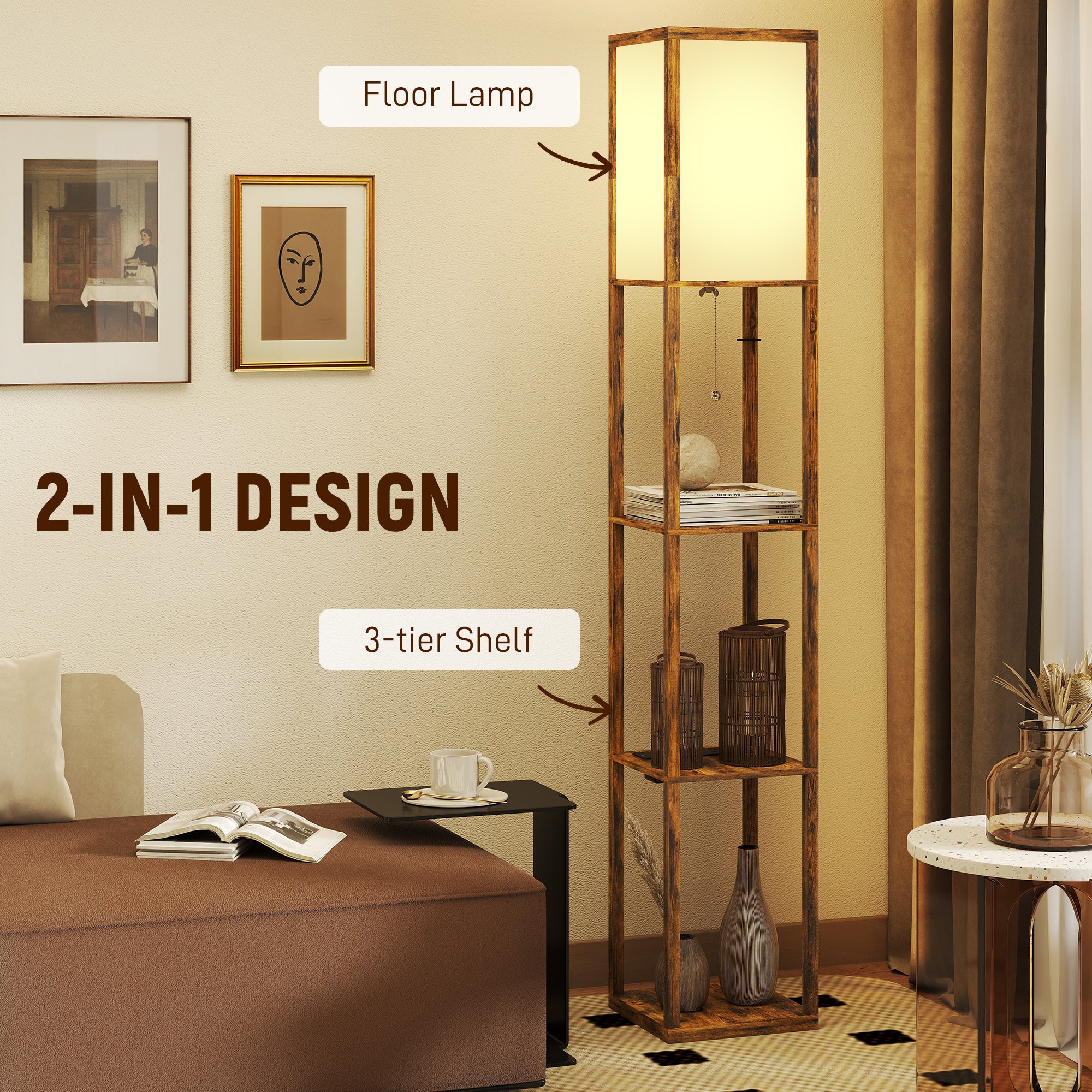 HOMCOM 4 Layer Column Standing Lamp with USB Ports, Rustic Brown - Image 3