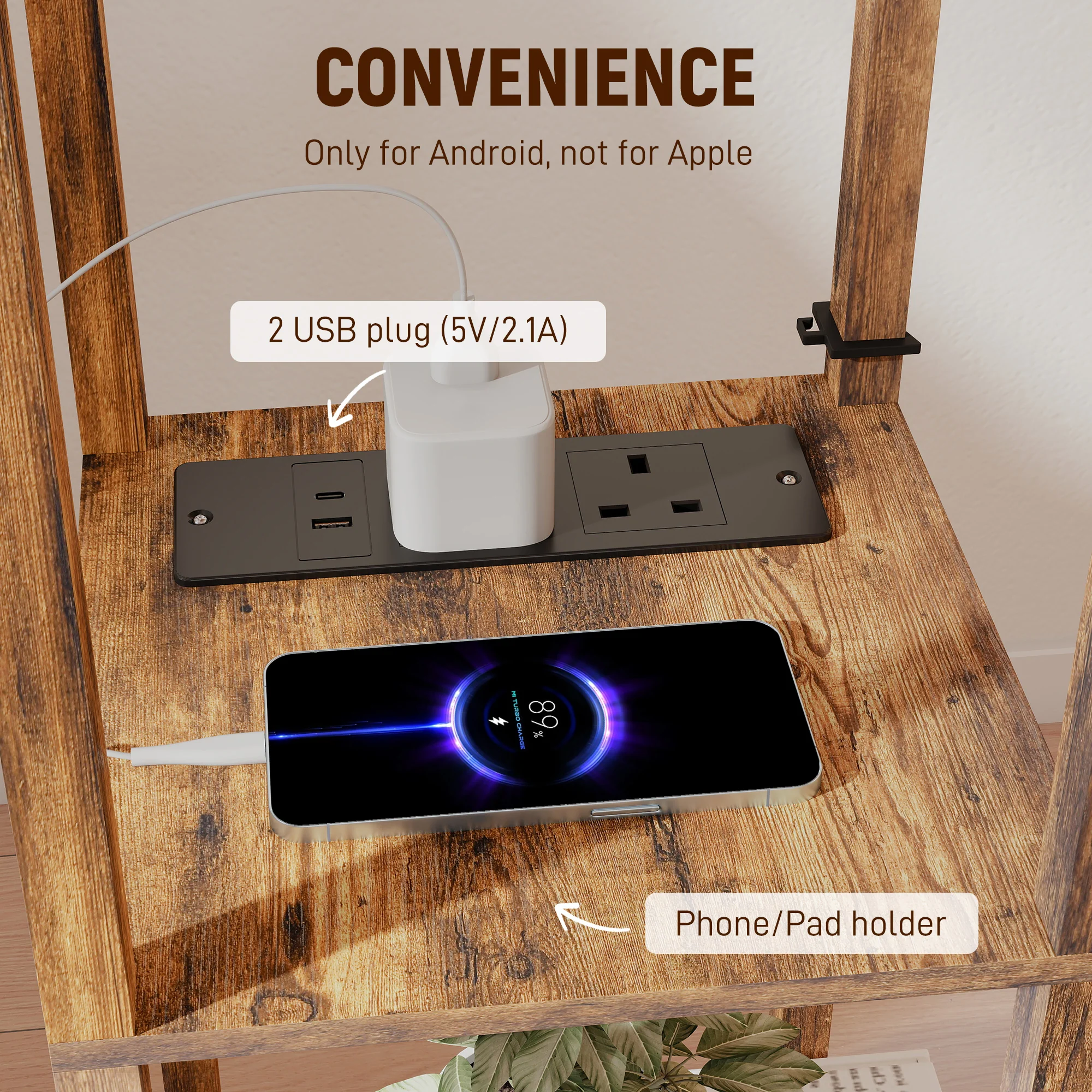 HOMCOM 4 Layer Column Standing Lamp with USB Ports, Rustic Brown - Image 4