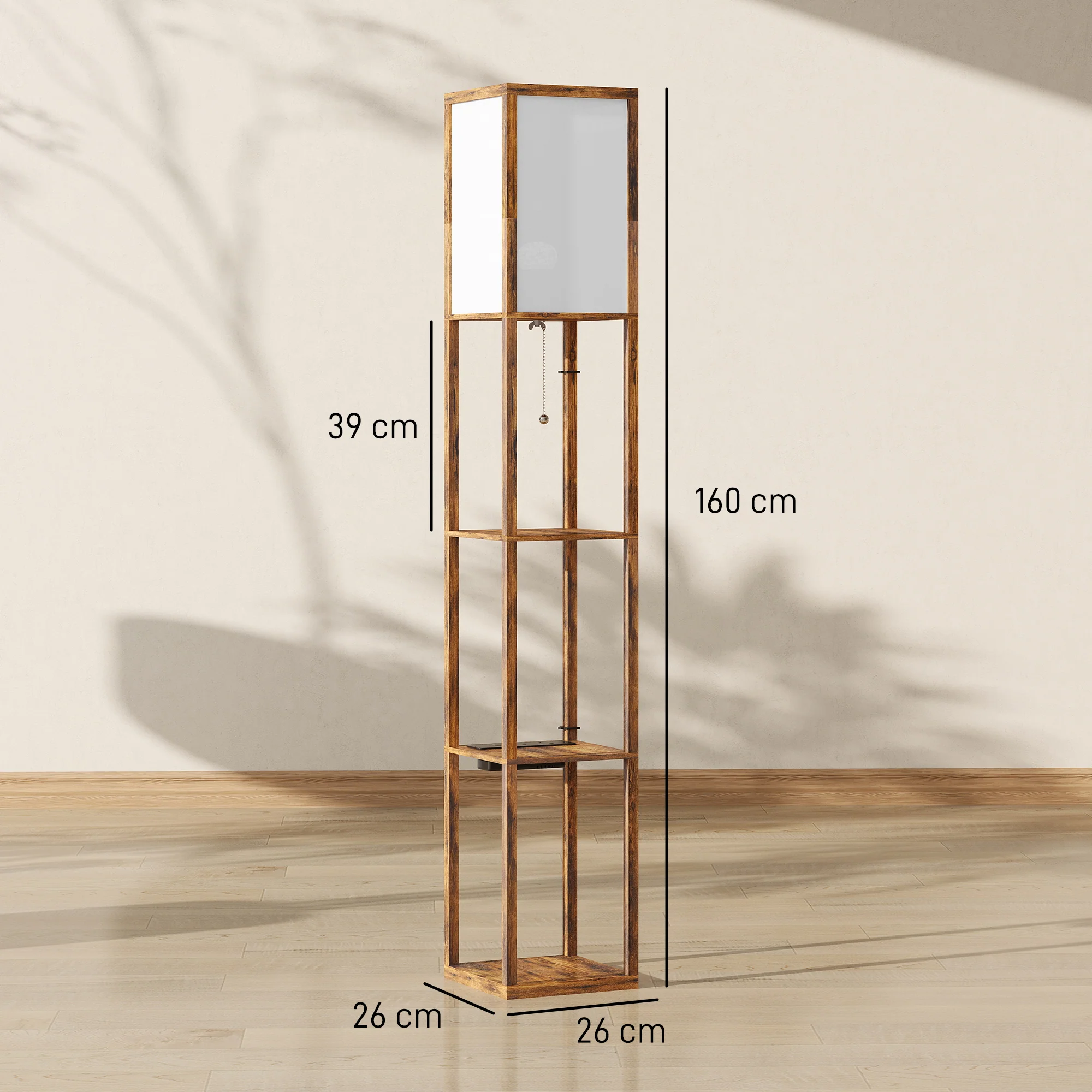HOMCOM 4 Layer Column Standing Lamp with USB Ports, Rustic Brown - Image 5