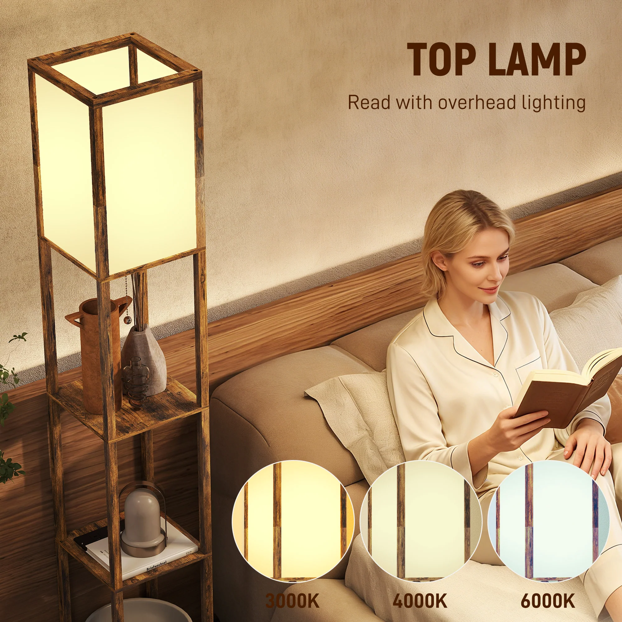 HOMCOM 4 Layer Column Standing Lamp with USB Ports, Rustic Brown - Image 6