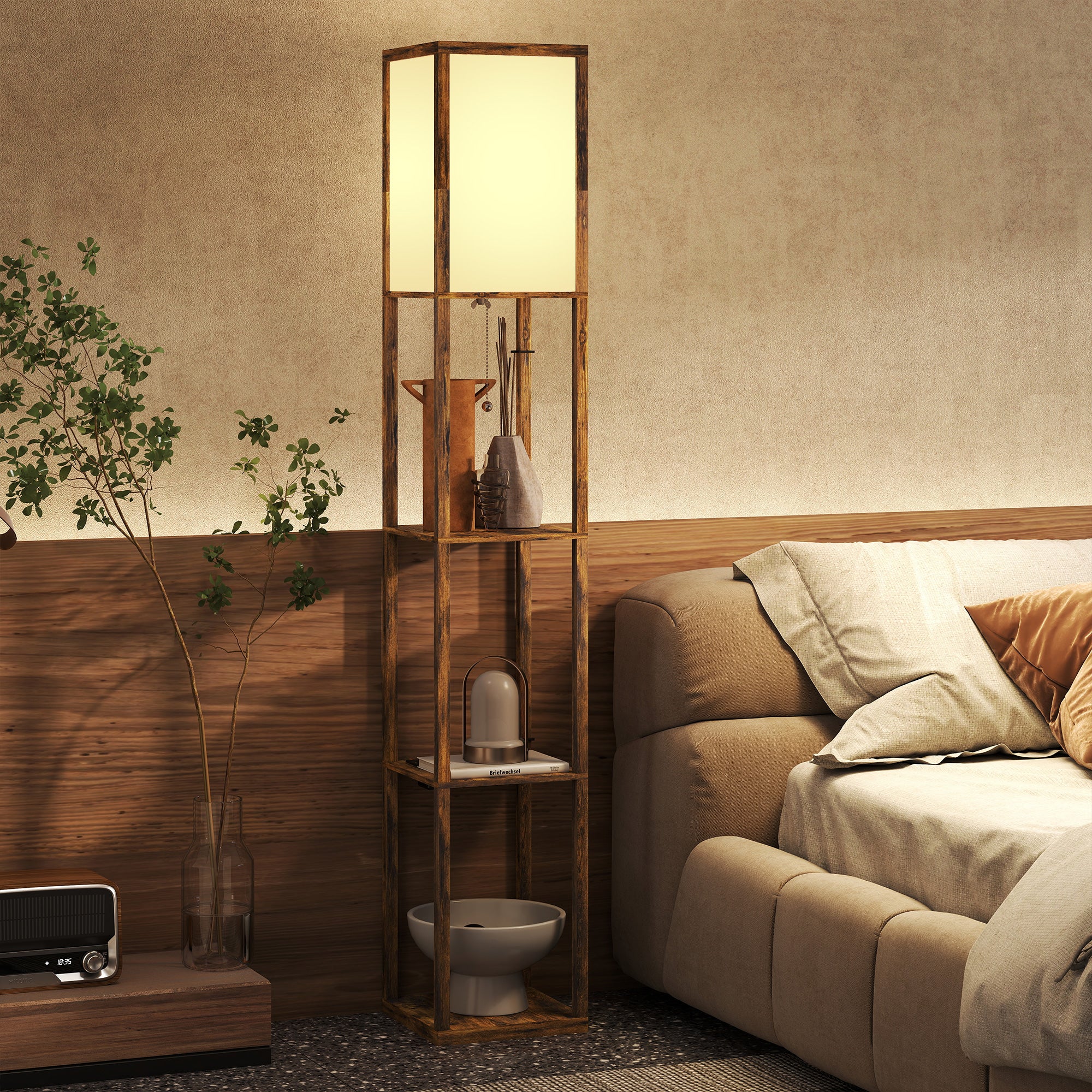 HOMCOM 4 Layer Column Standing Lamp with USB Ports, Rustic Brown - Image 9