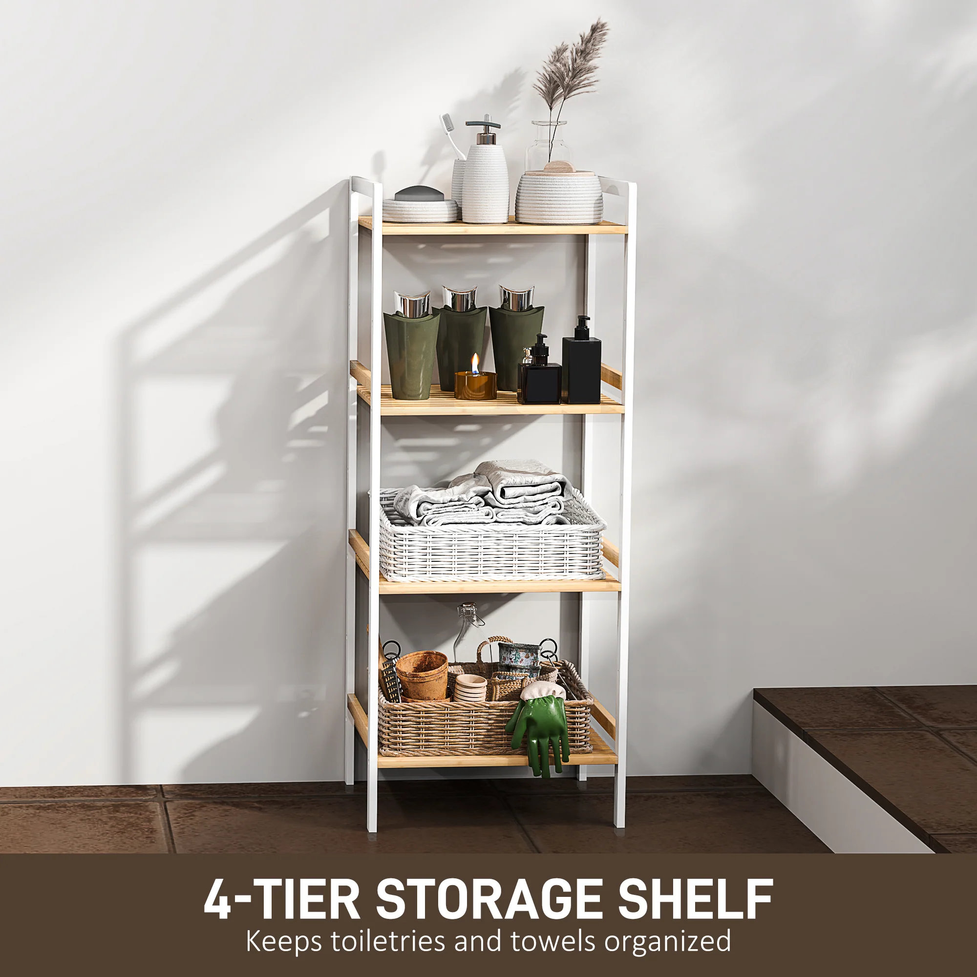HOMCOM 4-Tier Bamboo Bathroom Storage Shelf with Adjustable Rack - Image 12