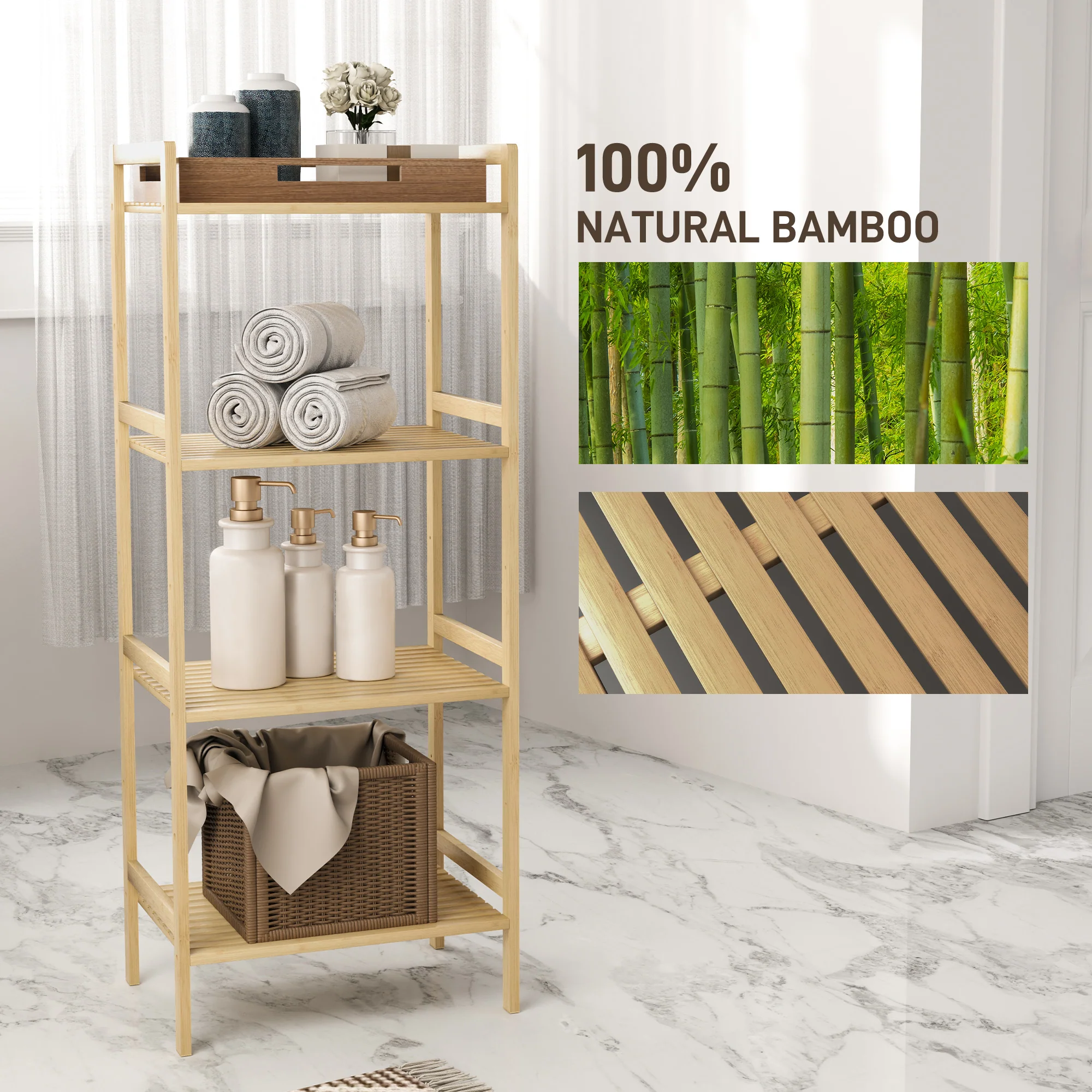 HOMCOM 4-Tier Bamboo Bathroom Storage Shelf with Adjustable Rack - Image 7