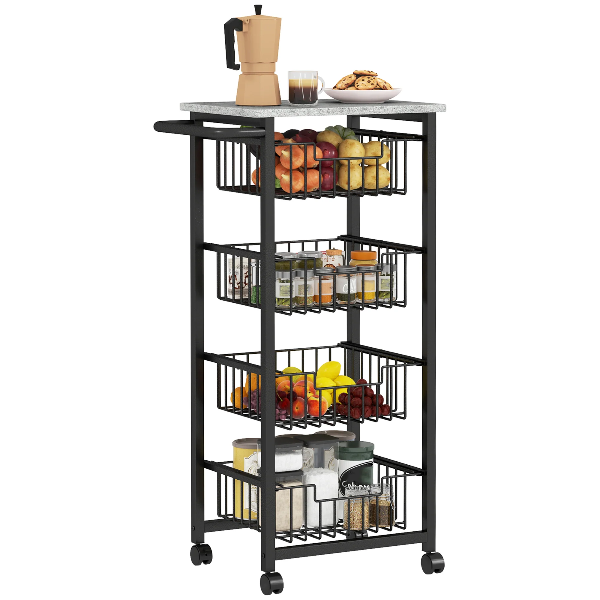 HOMCOM 4-Tier Kitchen Island on Wheels with 4 Pull-Out Baskets, Light Grey - Image 10
