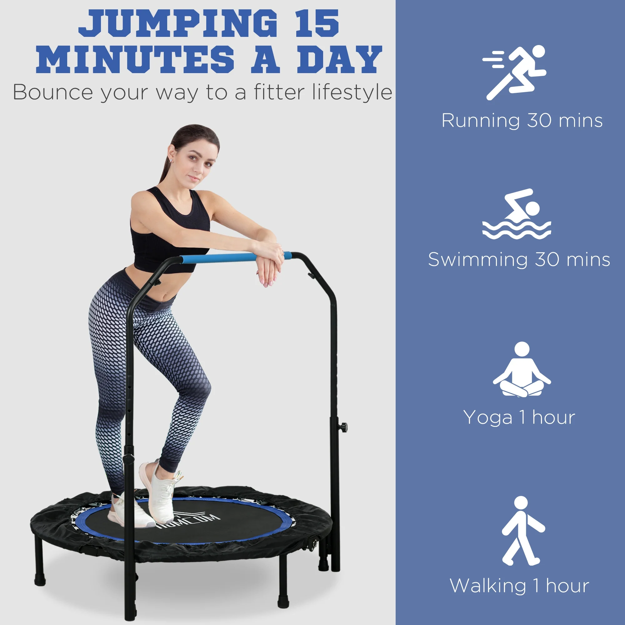 HOMCOM 40 Inch Foldable Mini Fitness Trampoline W/ Foam Handle, Blue - Image 7