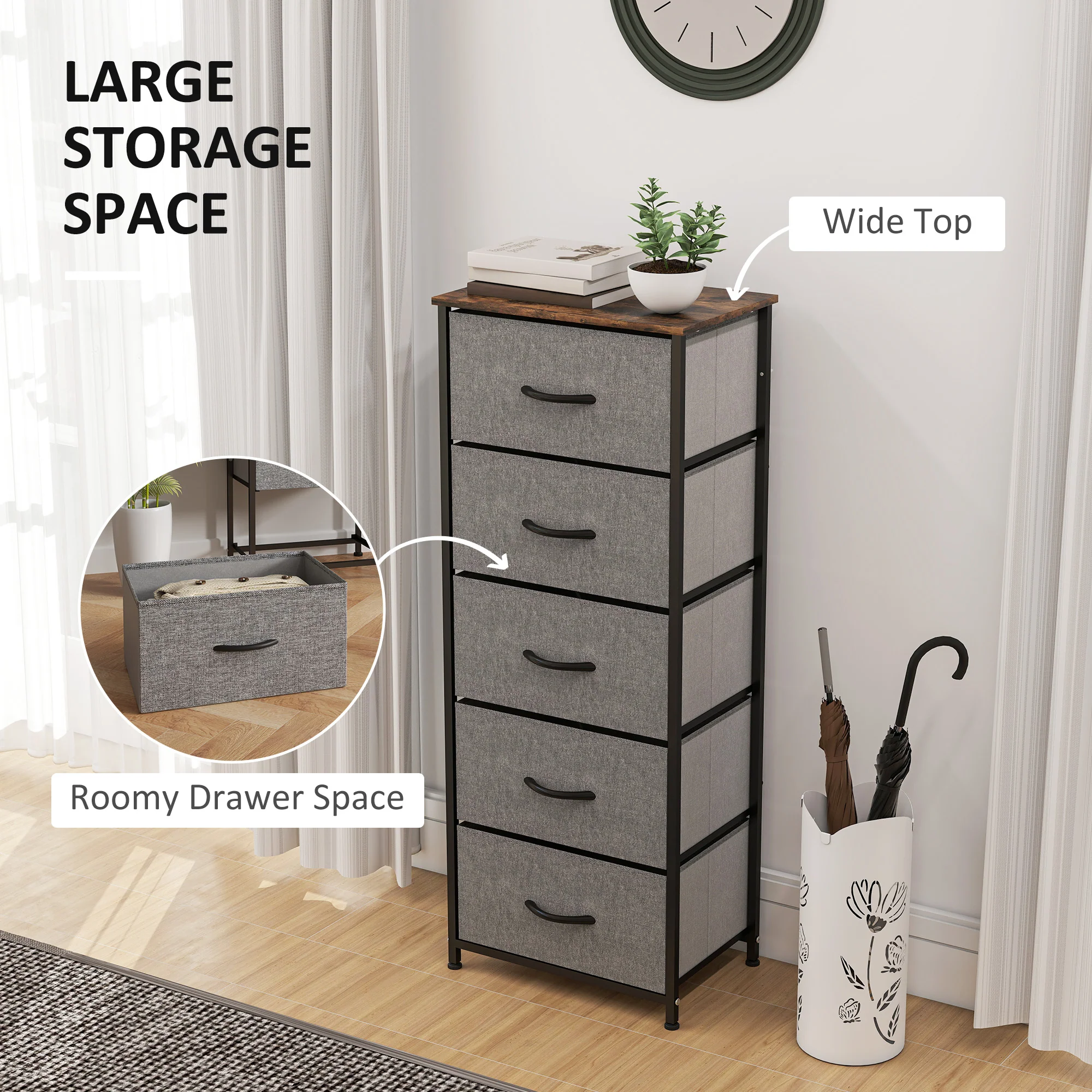 HOMCOM 5 Drawer Fabric Chest of Drawers with Wooden Top, Rustic Brown - Image 3