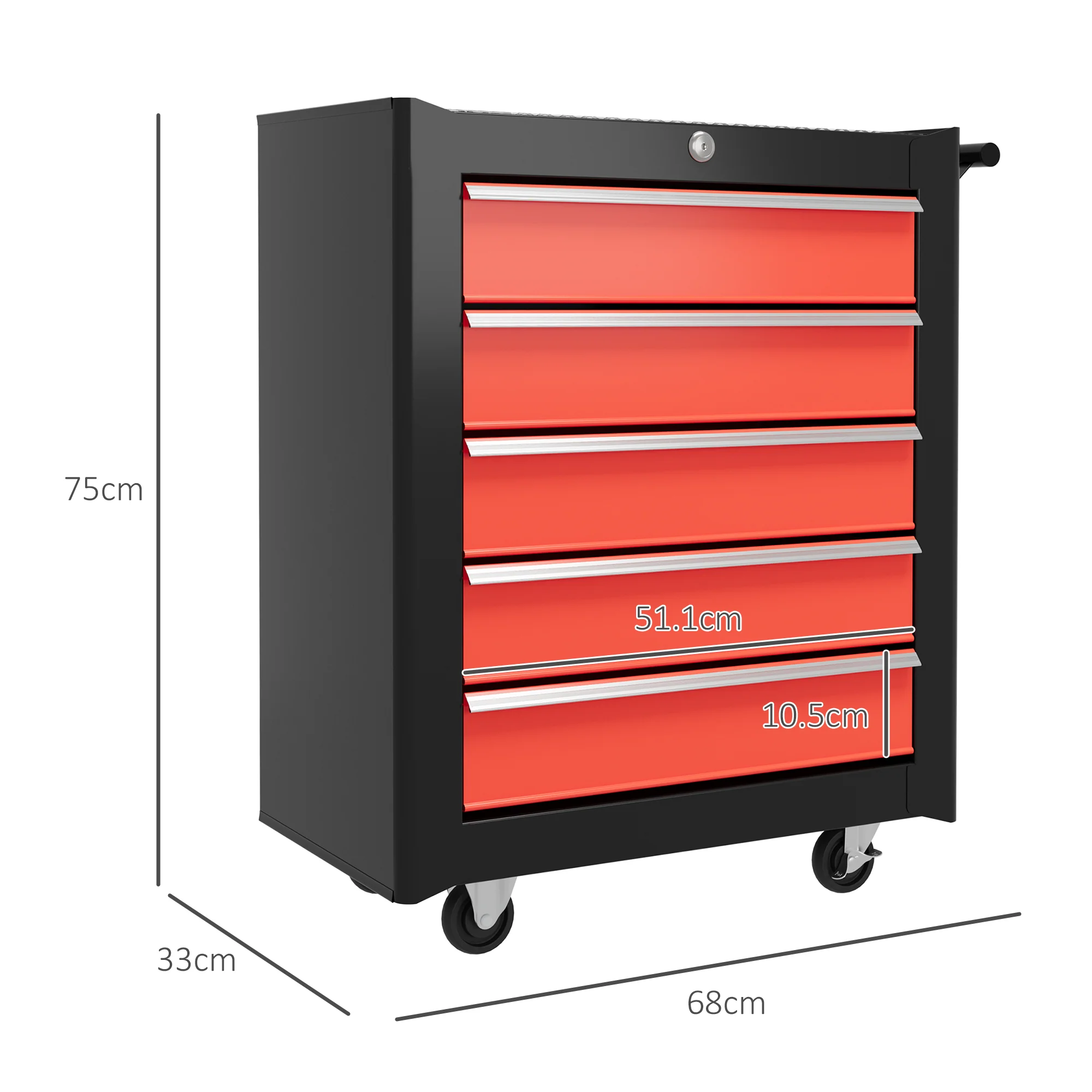 HOMCOM 5-Drawer Tool Chest Steel Lockable Tool Storage Cabinet W/ Wheels Red - Image 5