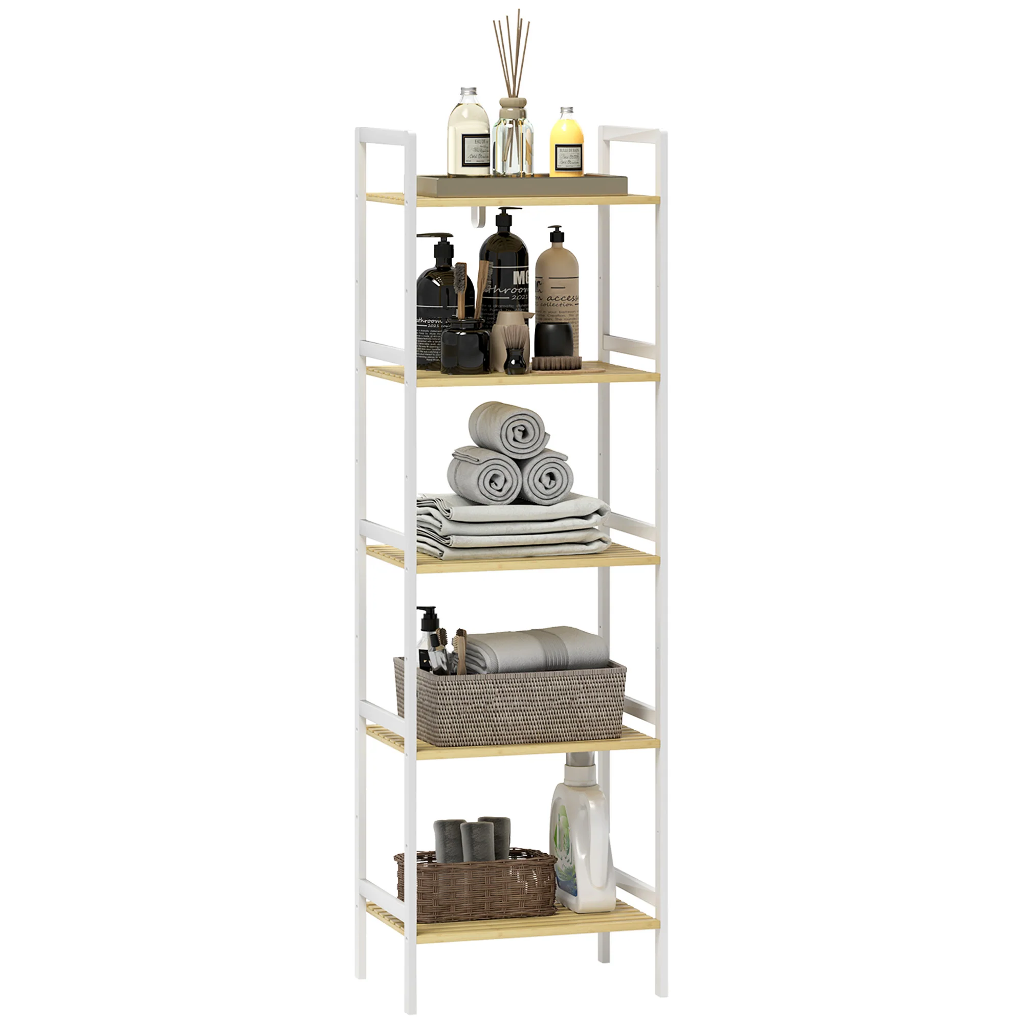 HOMCOM 5-Tier Bamboo Bathroom Storage Shelf with Adjustable Rack - Image 10