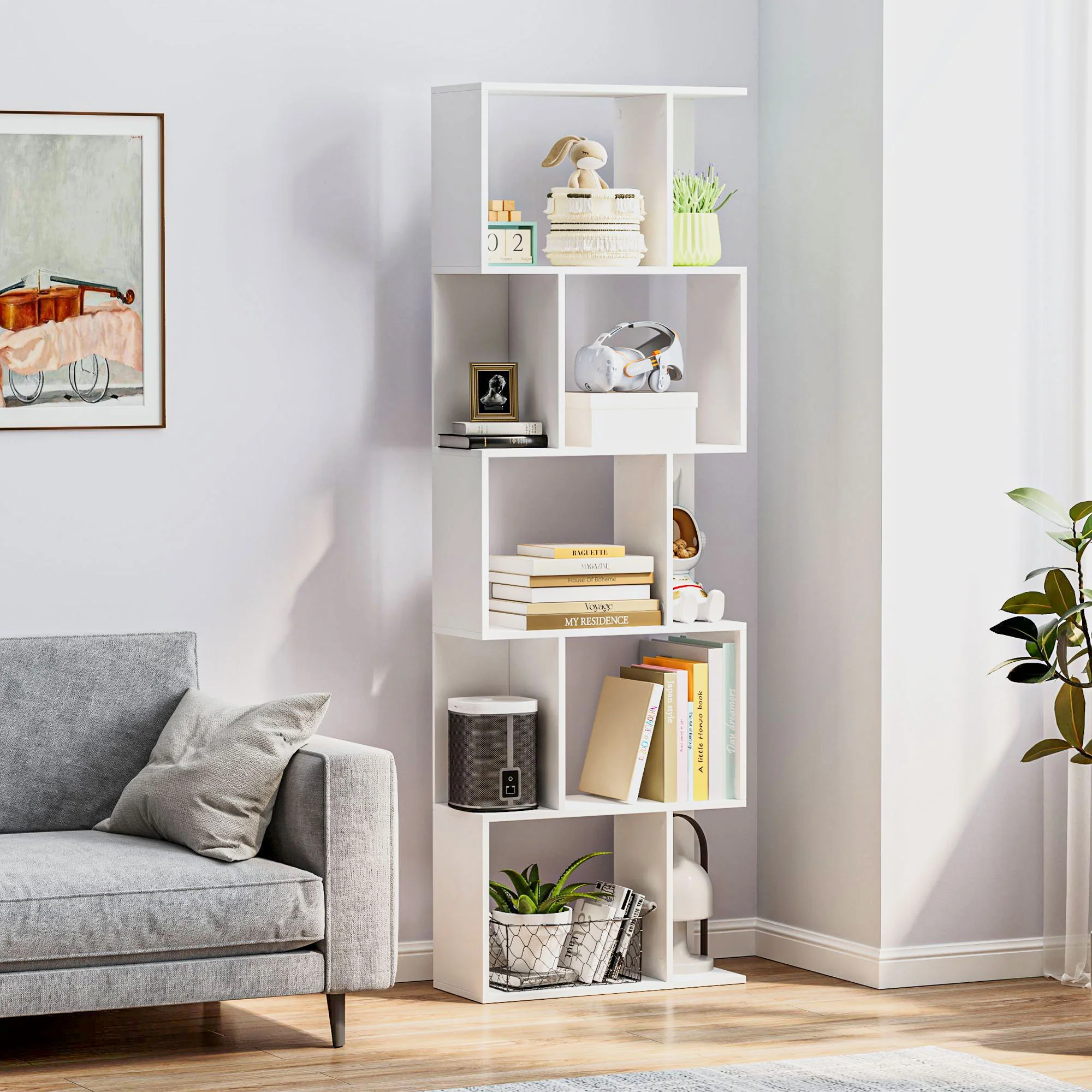 HOMCOM 5-tier Display Shelving Storage Bookcase S Shape Bookshelf, White - Image 2