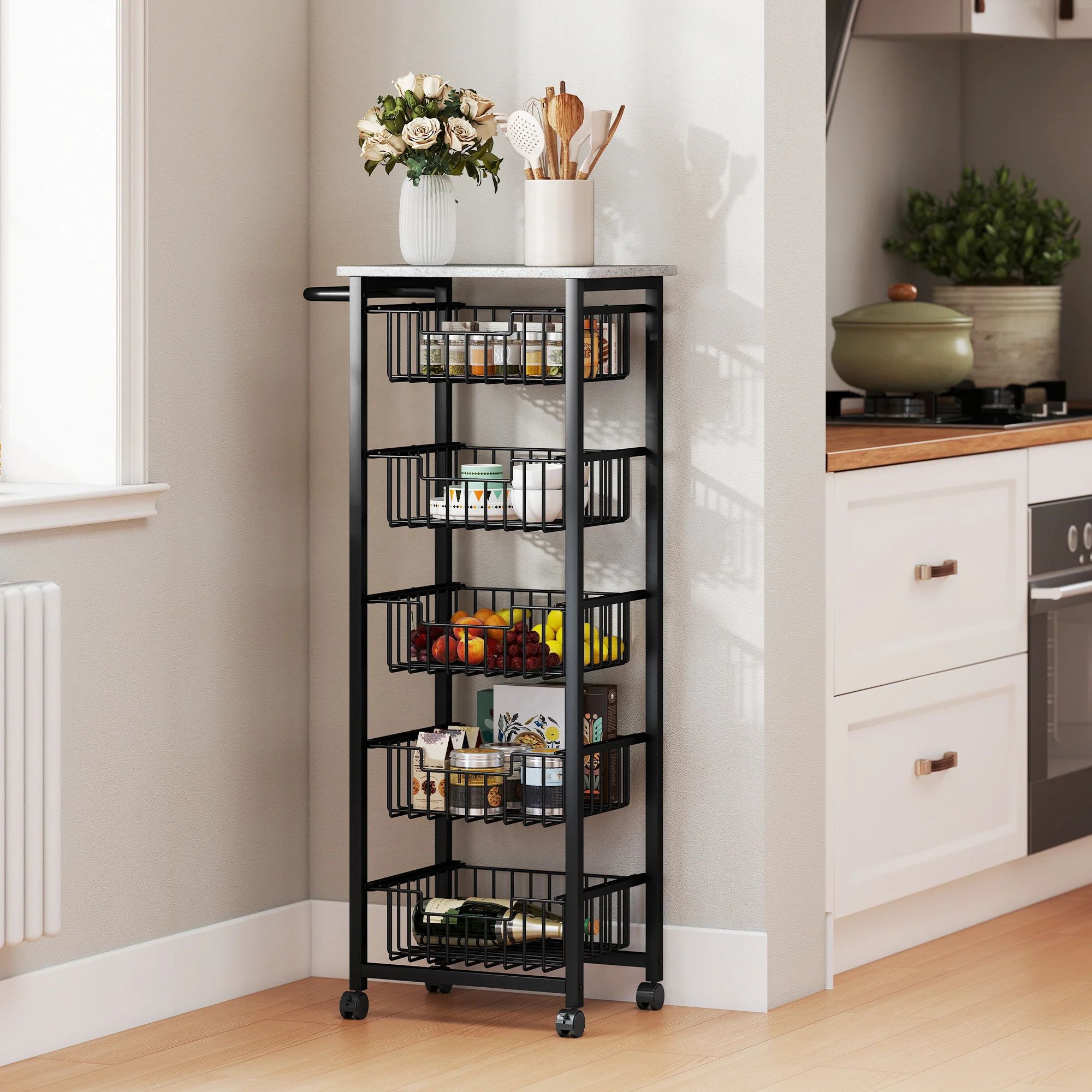 HOMCOM 5-Tier Kitchen Island on Wheels with 5 Pull-Out Baskets, Light Grey - Image 2