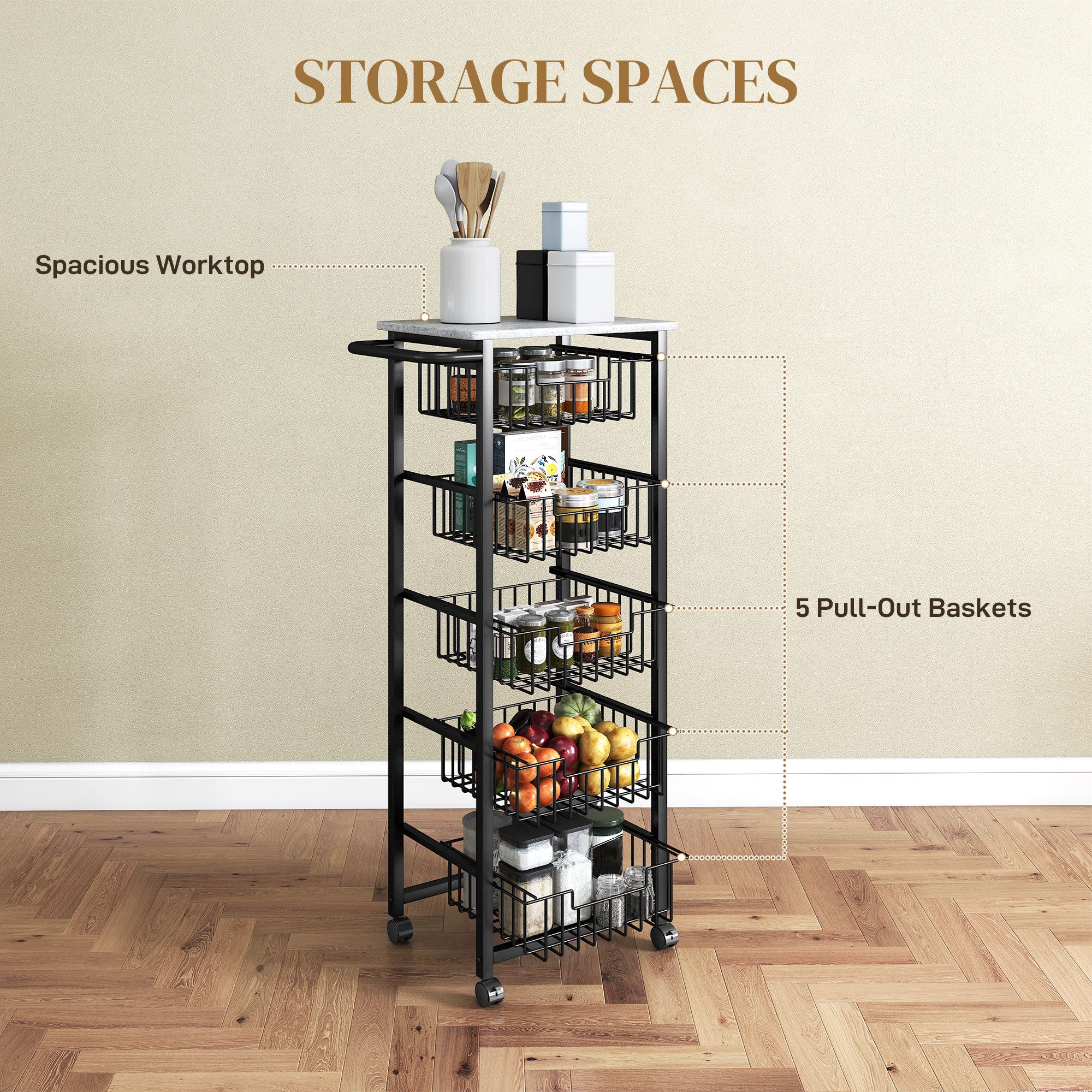 HOMCOM 5-Tier Kitchen Island on Wheels with 5 Pull-Out Baskets, Light Grey - Image 3