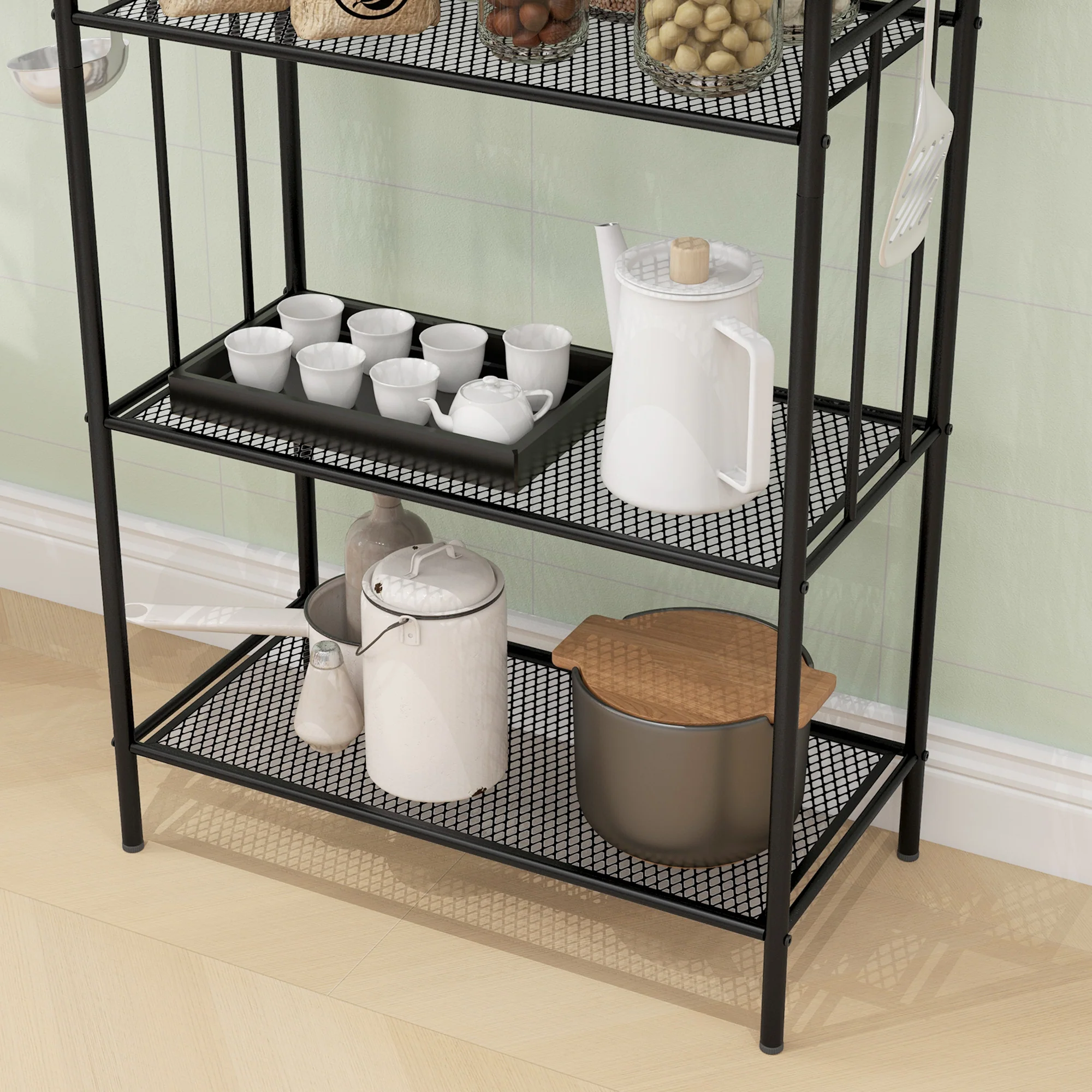HOMCOM 5-Tier Kitchen Storage Unit, Microwave Stand With Open Shelves And Hooks - Image 9