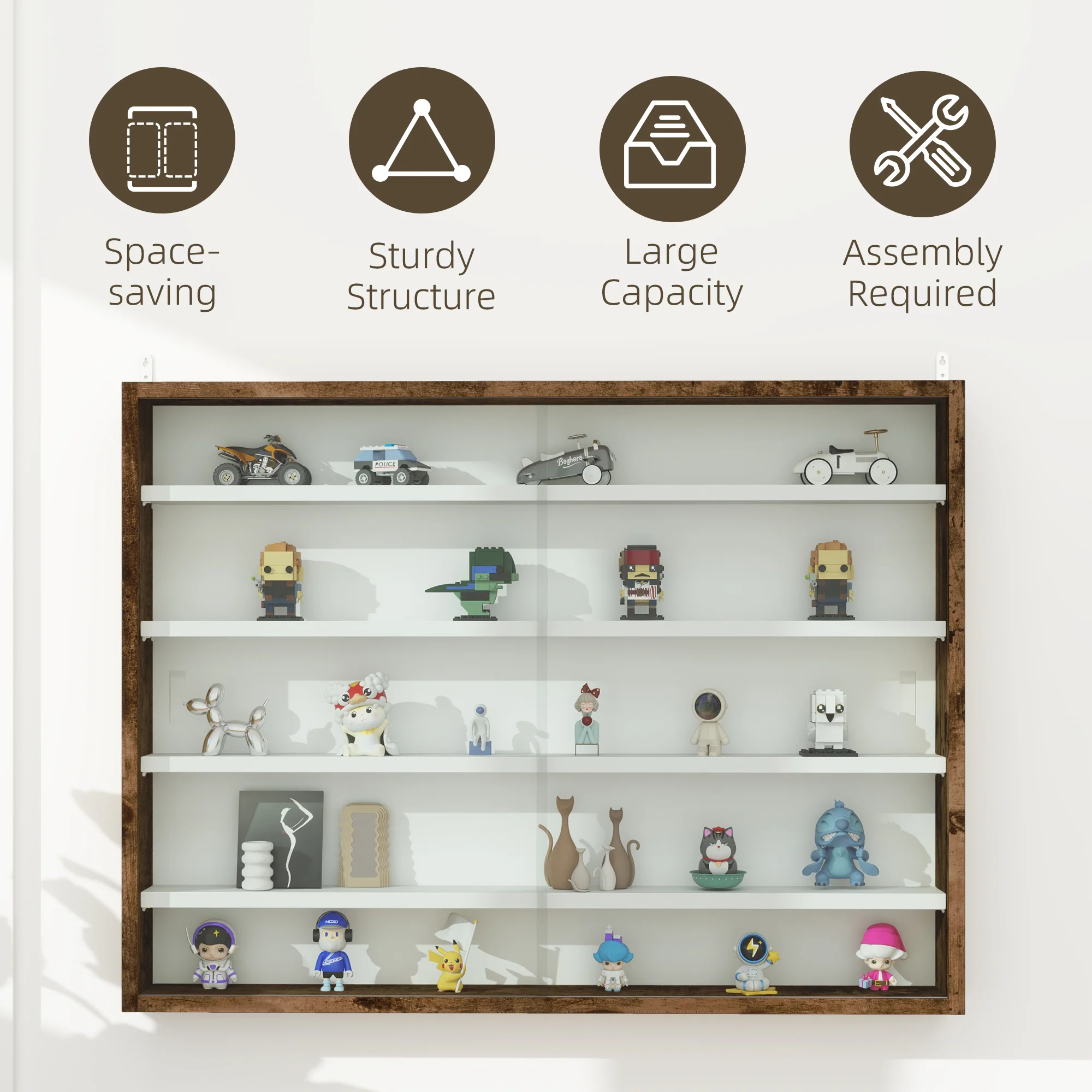 HOMCOM 5-Tier Wall Display Shelf Unit Cabinet W/ Shelves Glass Doors - Image 6