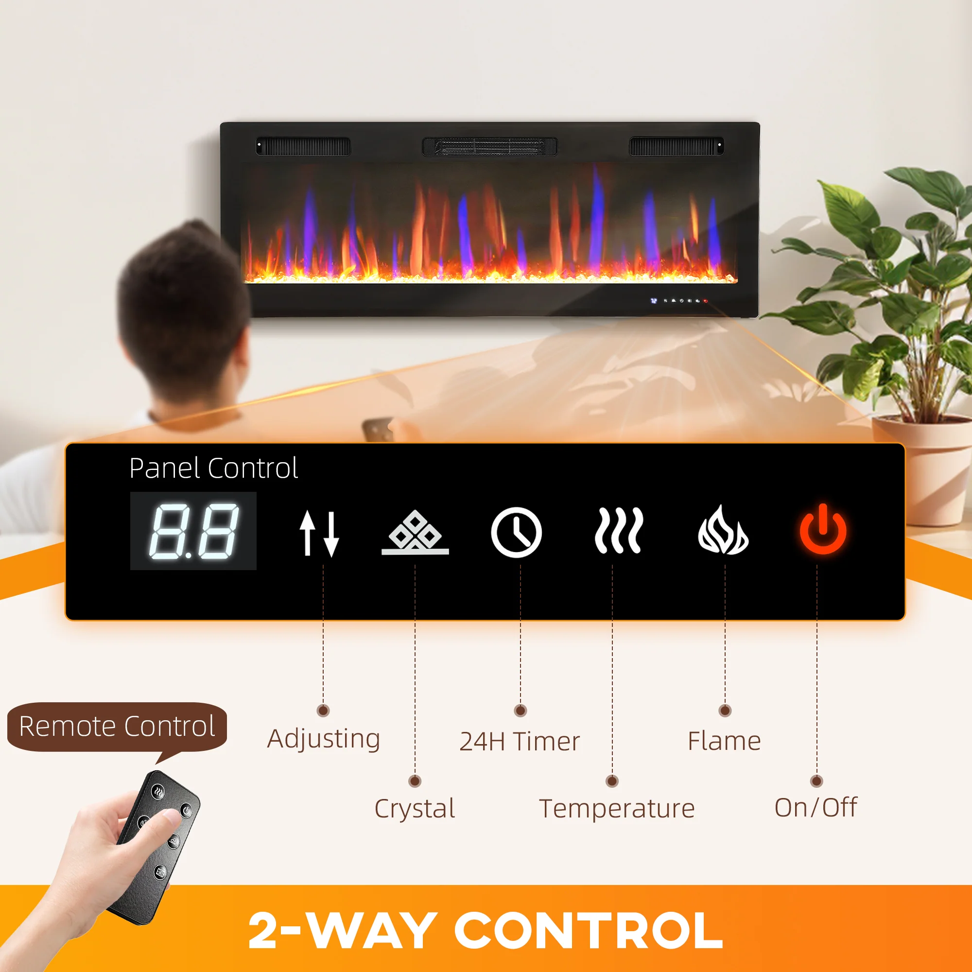 HOMCOM 50" Wall Electric Fireplace, Slim Electric Fire, 1800W, Black - Image 4