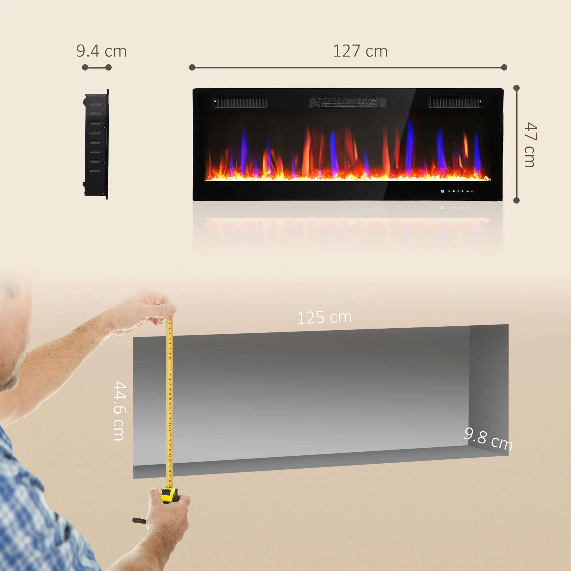 HOMCOM 50" Wall Electric Fireplace, Slim Electric Fire, 1800W, Black - Image 5