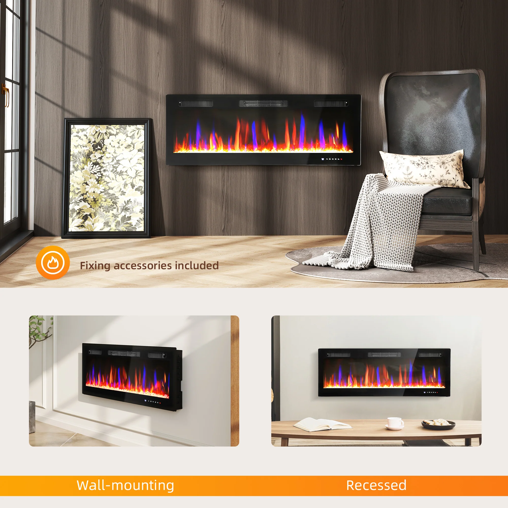 HOMCOM 50" Wall Electric Fireplace, Slim Electric Fire, 1800W, Black - Image 9