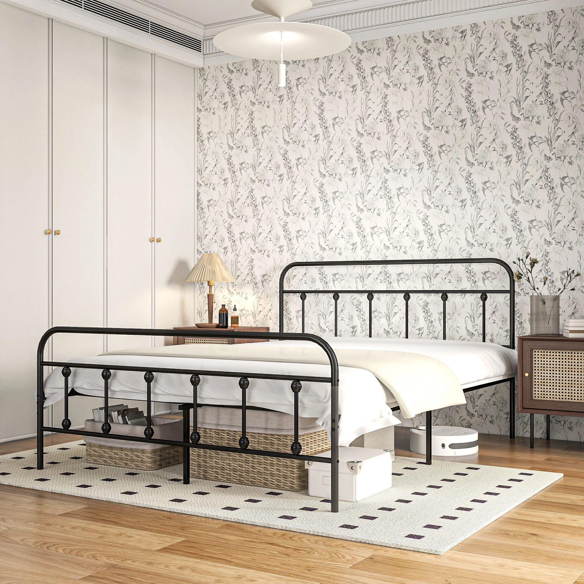 HOMCOM 5ft Metal King Platform Bed Frame W/ Underbed Storage Headboard White/Black - Image 18