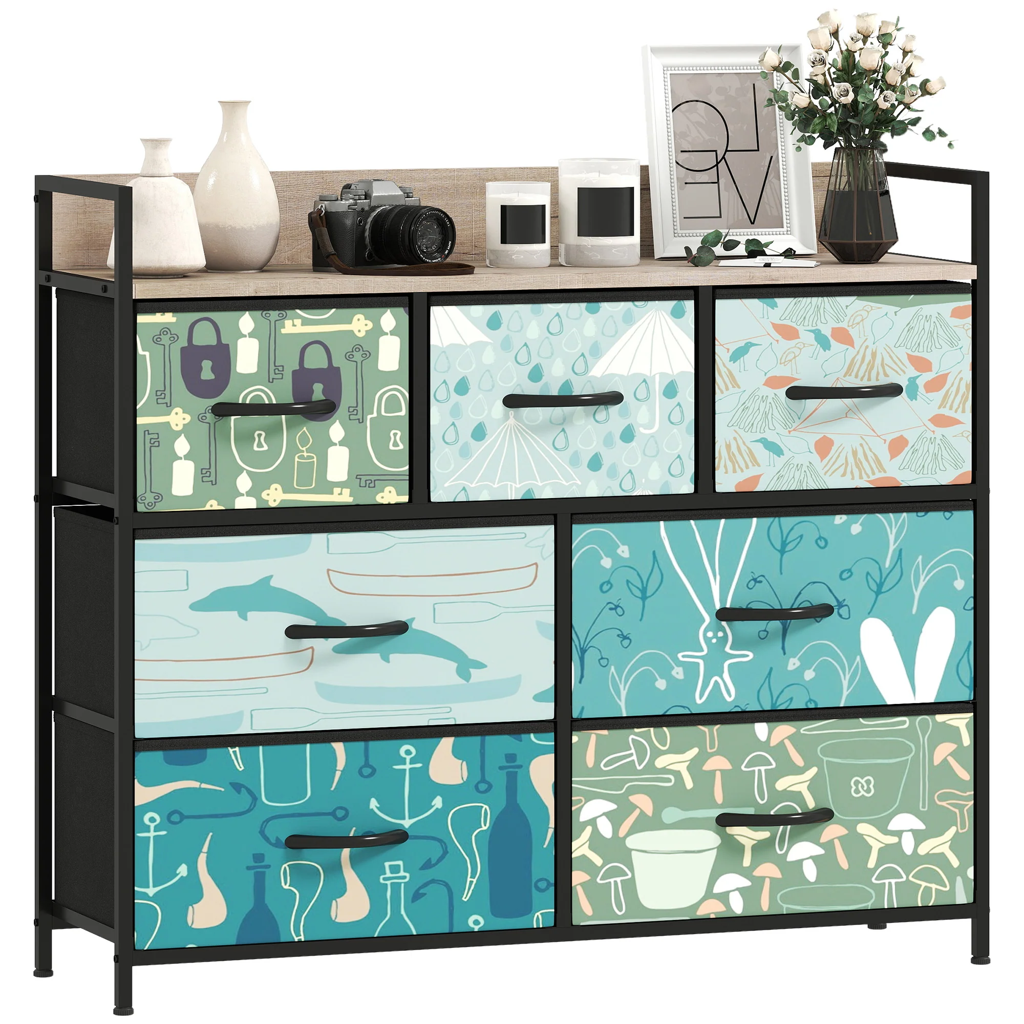 HOMCOM 7-Drawer Chest Of Drawers, Fabric Dresser With Open Shelf