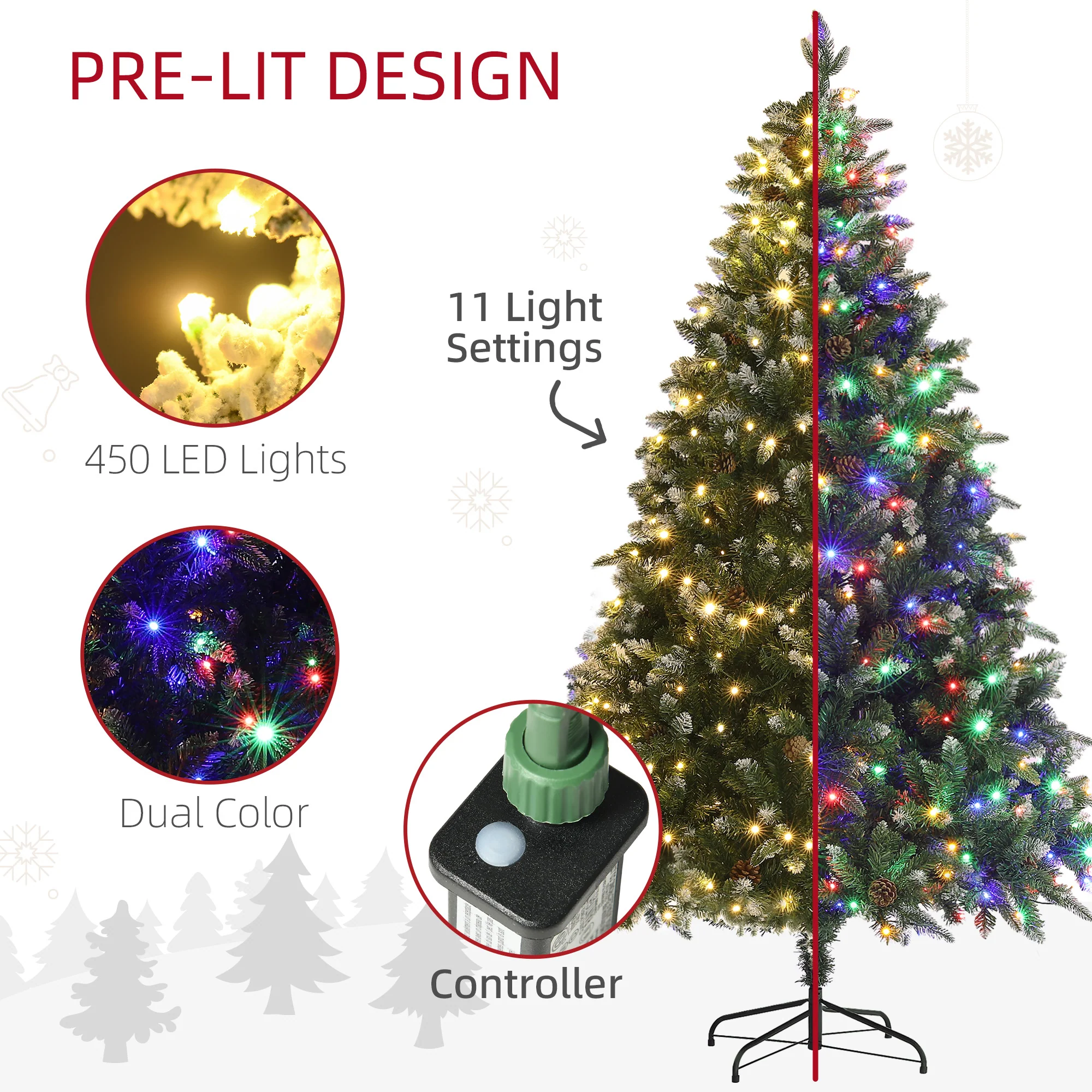 HOMCOM 7 Ft Artificial LED Christmas Tree With Metal Base, Hinged Branches - Image 4