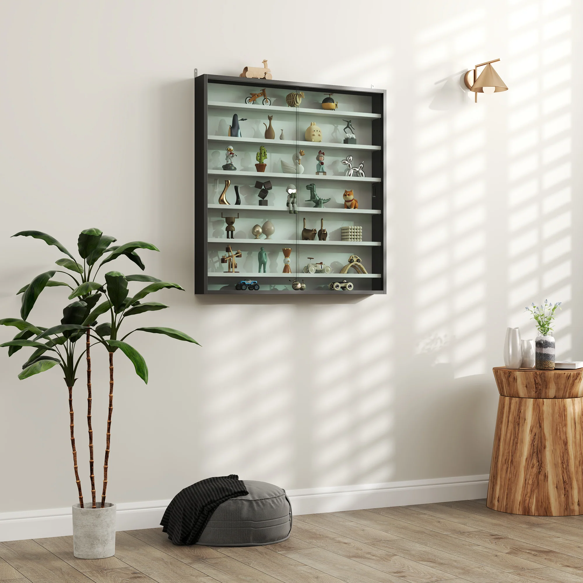 HOMCOM 7-Tier Wall Display Cabinet w/ Shelves Glass Doors - Image 29