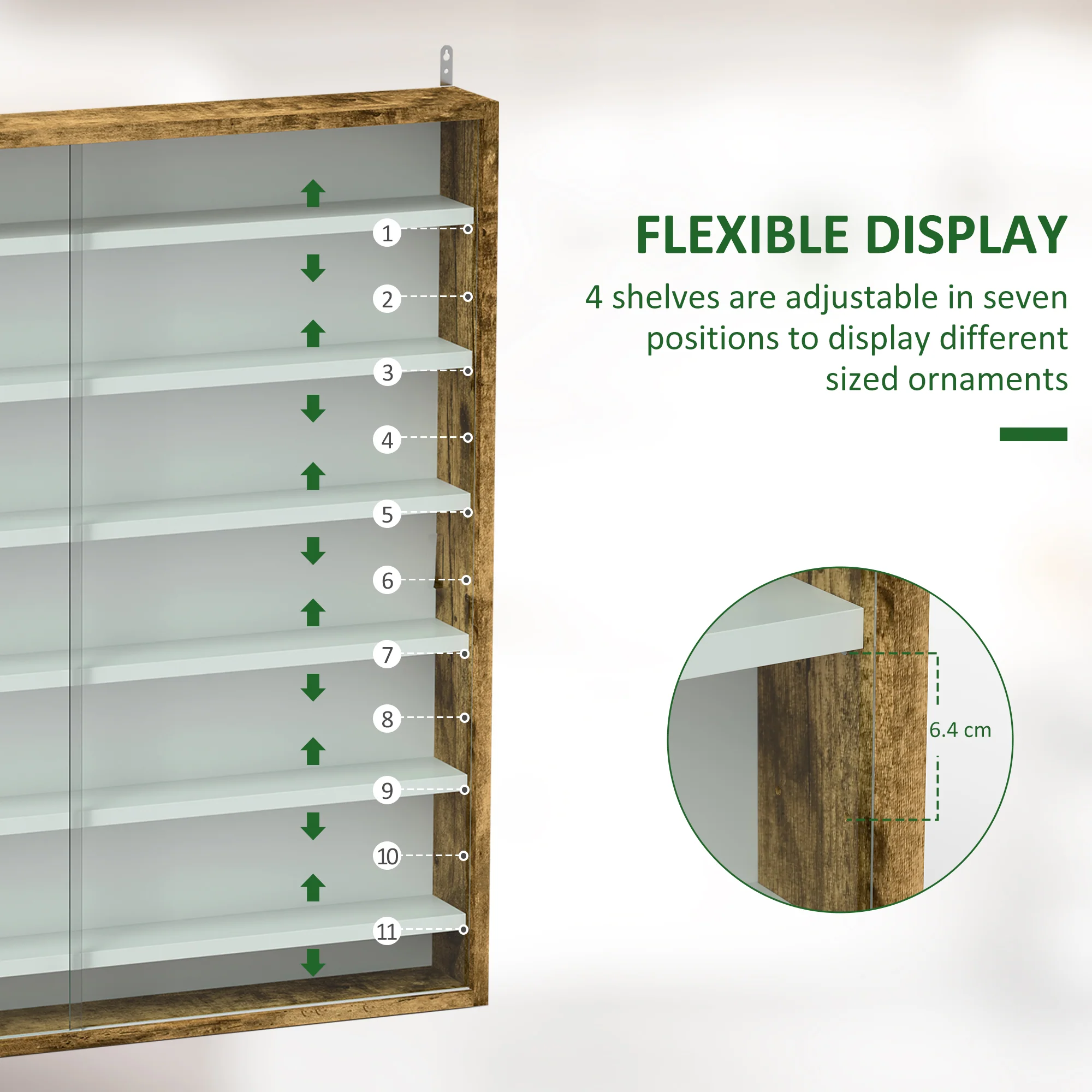 HOMCOM 7-Tier Wall Display Cabinet w/ Shelves Glass Doors - Image 39