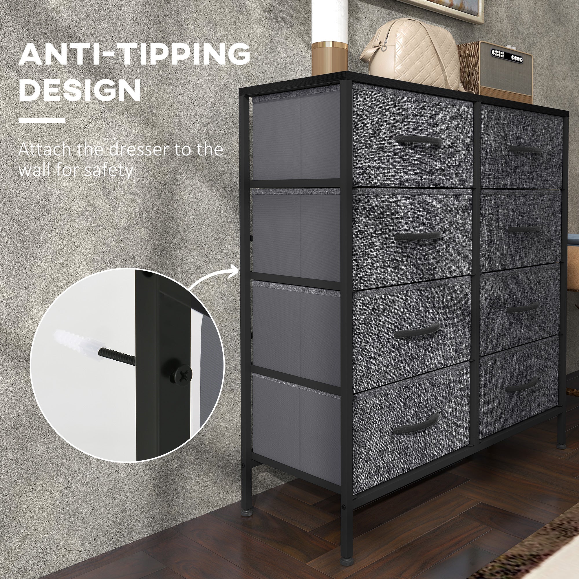 HOMCOM 8 Drawer Fabric Chest of Drawers w/ Wooden Top for Hallway - Image 4