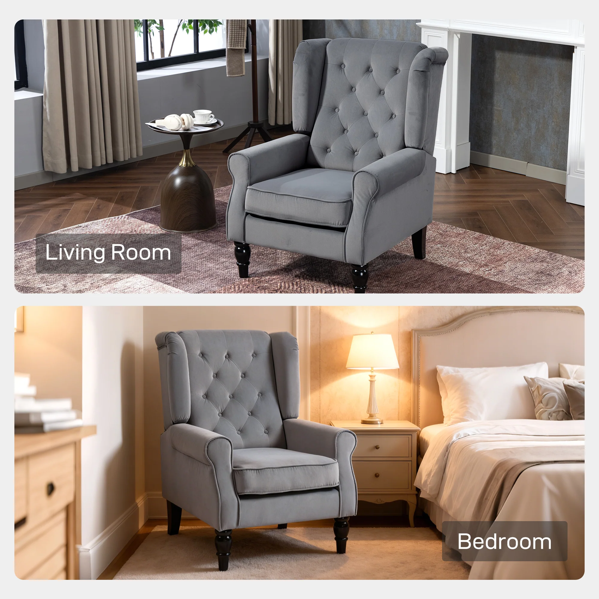HOMCOM Accent Armchair Home Furniture Retro Tufted Club Fabric Light Grey - Image 8