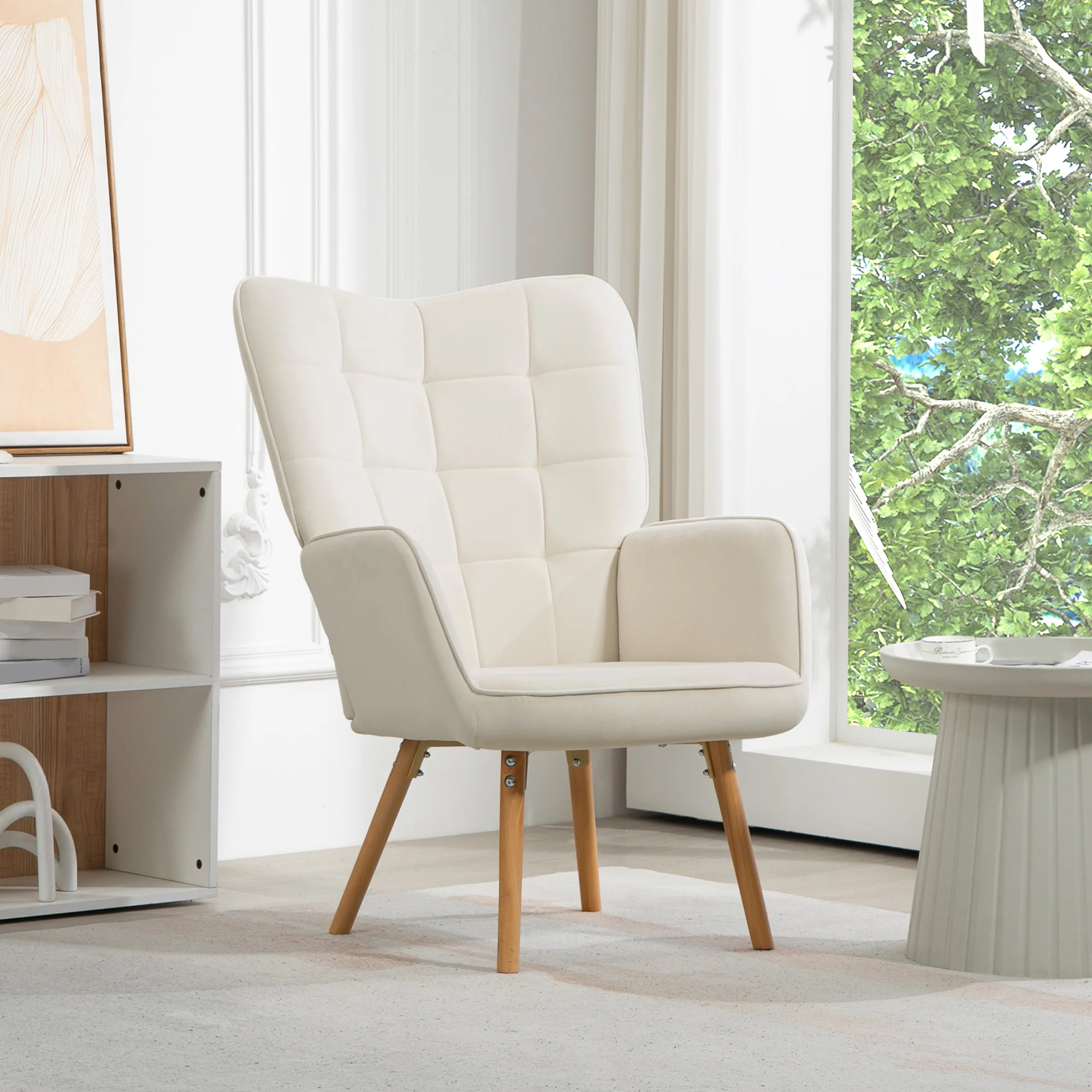 HOMCOM Accent Chair Velvet-Touch Tufted Wingback Armchair, Cream White - Image 2