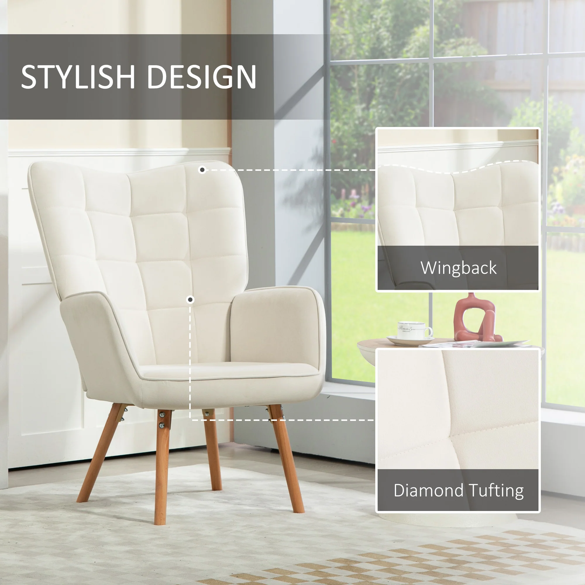 HOMCOM Accent Chair Velvet-Touch Tufted Wingback Armchair, Cream White - Image 4