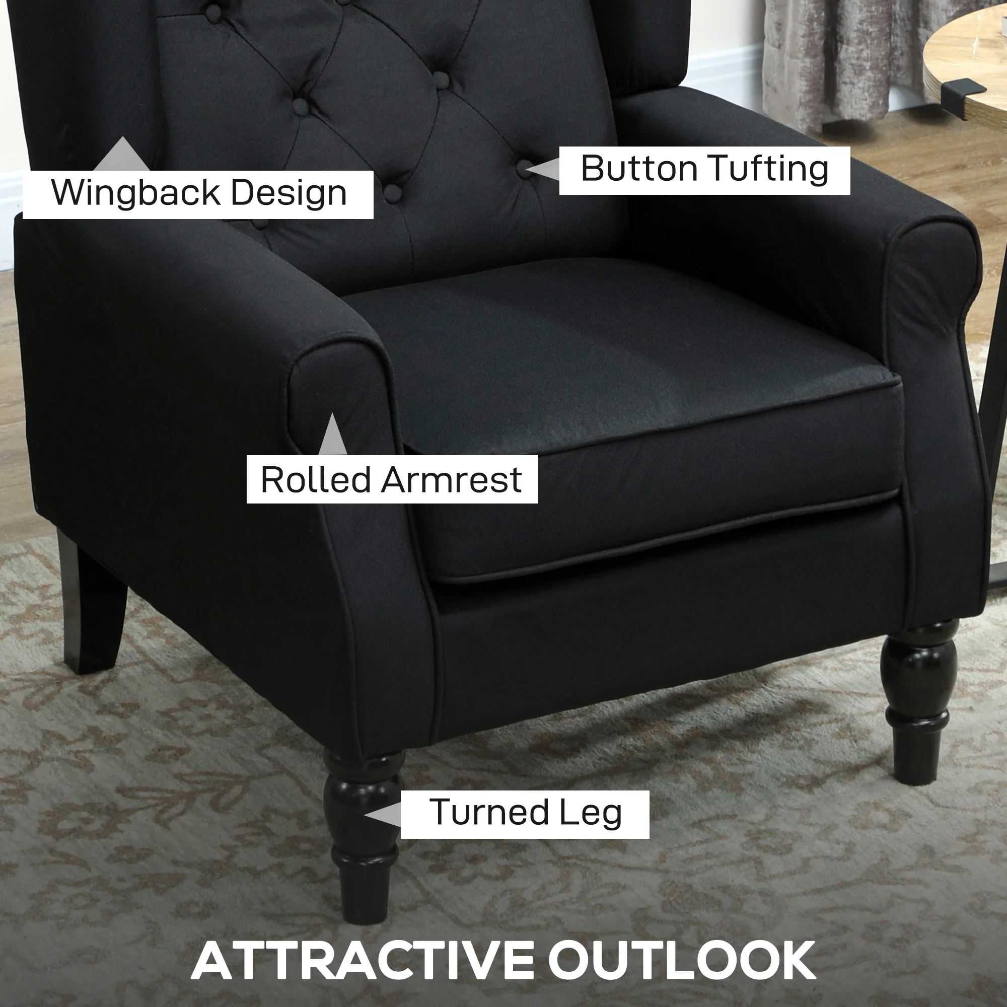 HOMCOM Accent Chair Wingback Armchair Retro Tufted Club Wood Fabric - Image 3