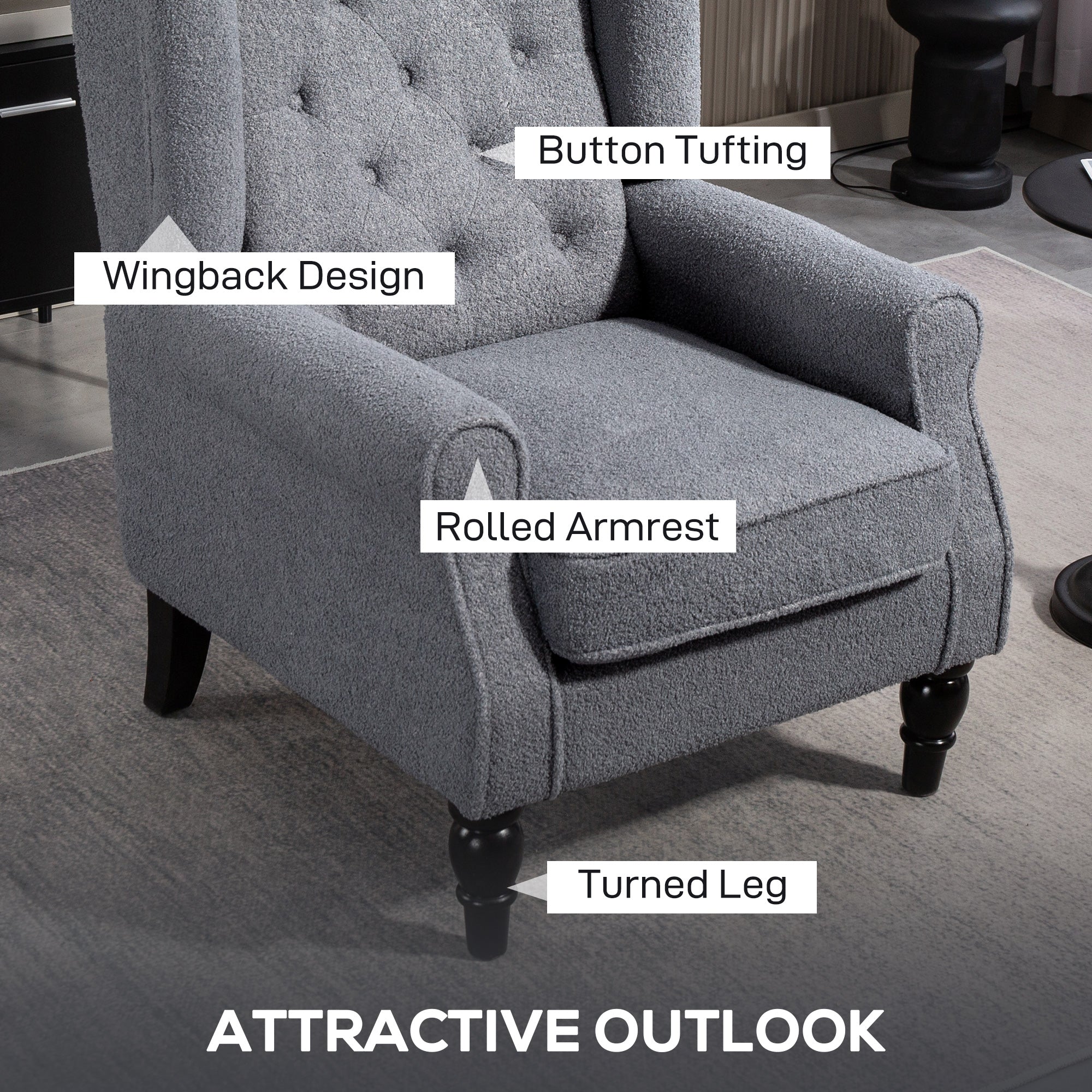 HOMCOM Accent Chair Wingback Armchair Retro Tufted Club Wood Fabric - Image 30