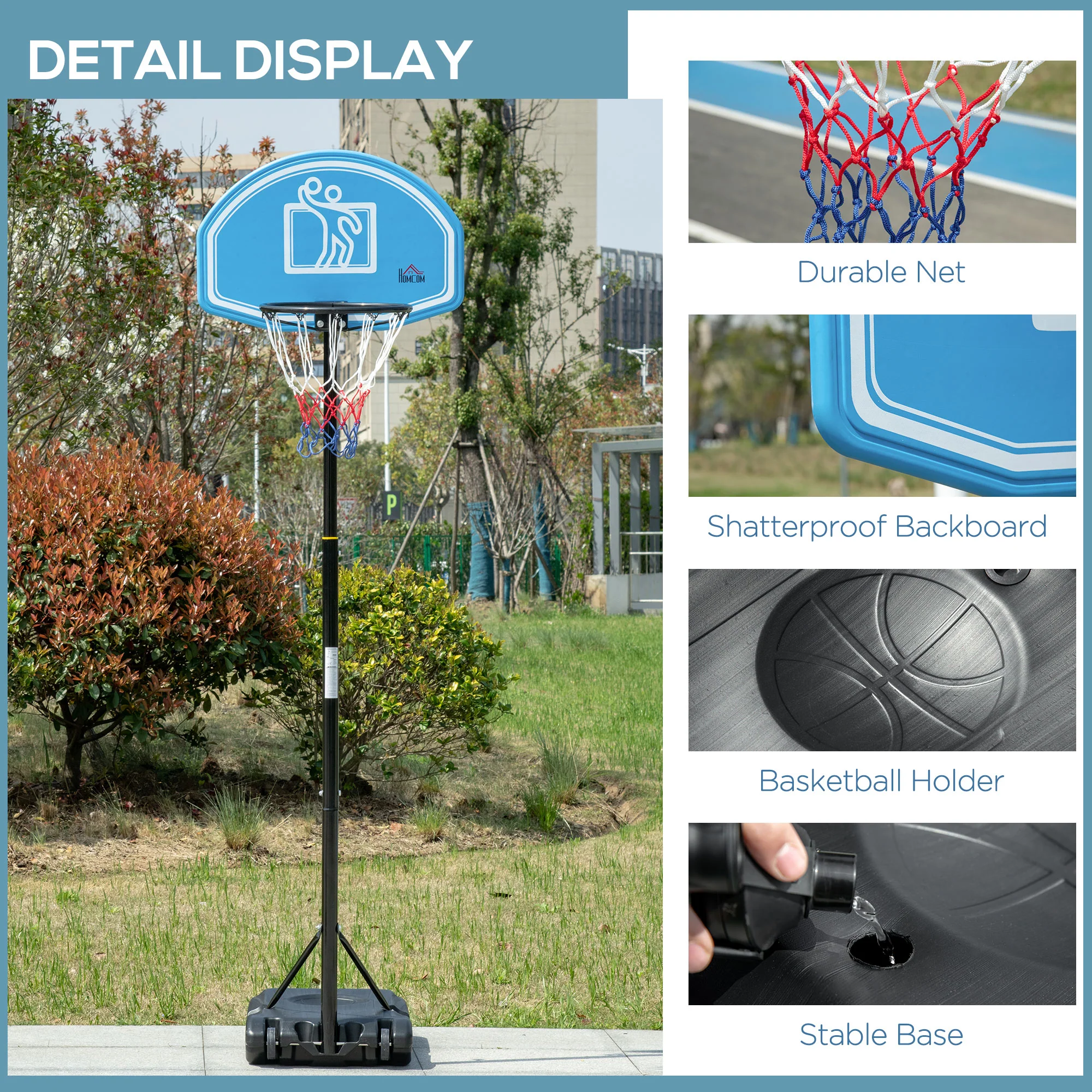 HOMCOM Adjustable Basketball Hoop Stand w/ Wheels and Weight Base Blue - Image 7