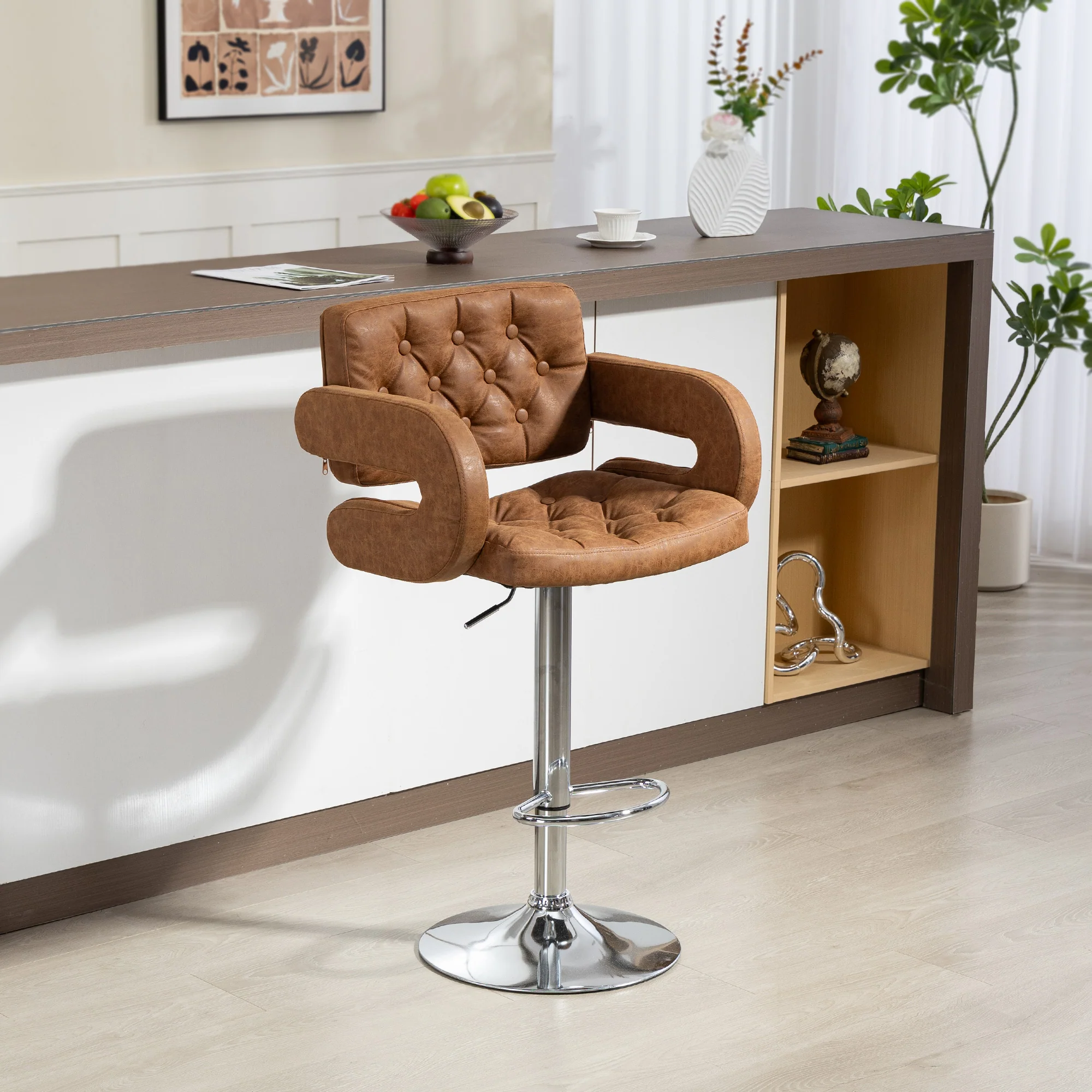 HOMCOM Adjustable Height Barstool Steel Pole PU Leather, Brown - Image 2