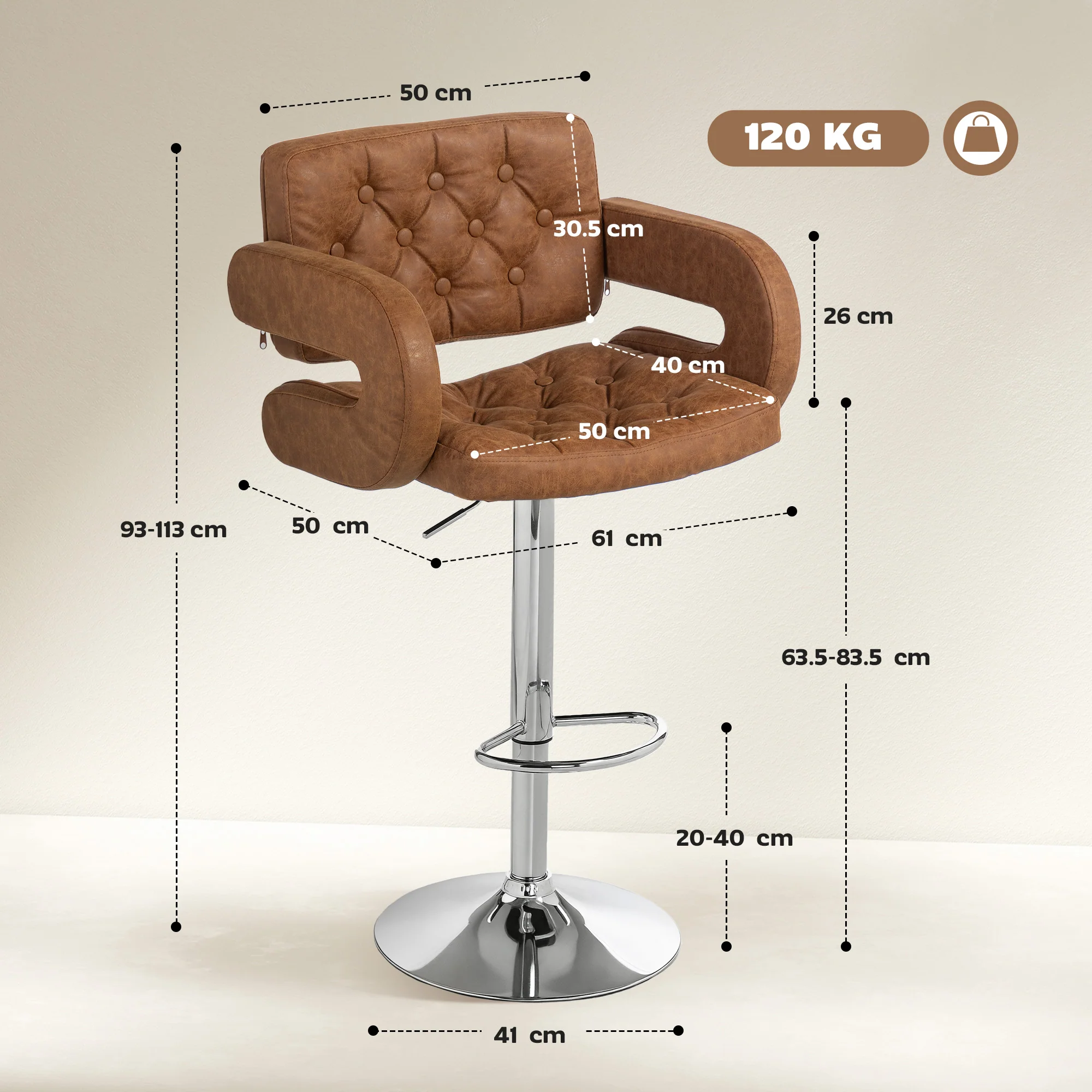 HOMCOM Adjustable Height Barstool Steel Pole PU Leather, Brown - Image 5