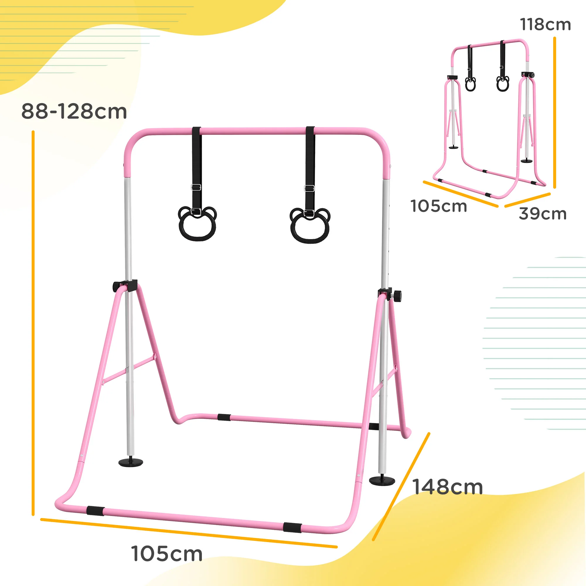 HOMCOM Adjustable Height Foldable Kids Gymnastics Bar With Non-Slip Mats, Pink - Image 5