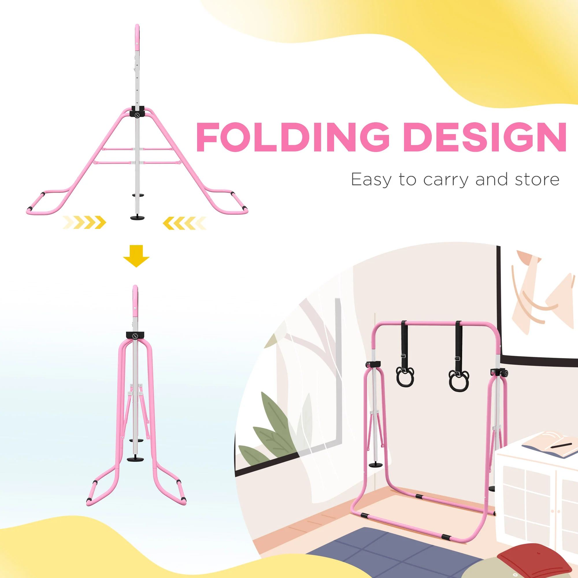 HOMCOM Adjustable Height Foldable Kids Gymnastics Bar With Non-Slip Mats, Pink - Image 6