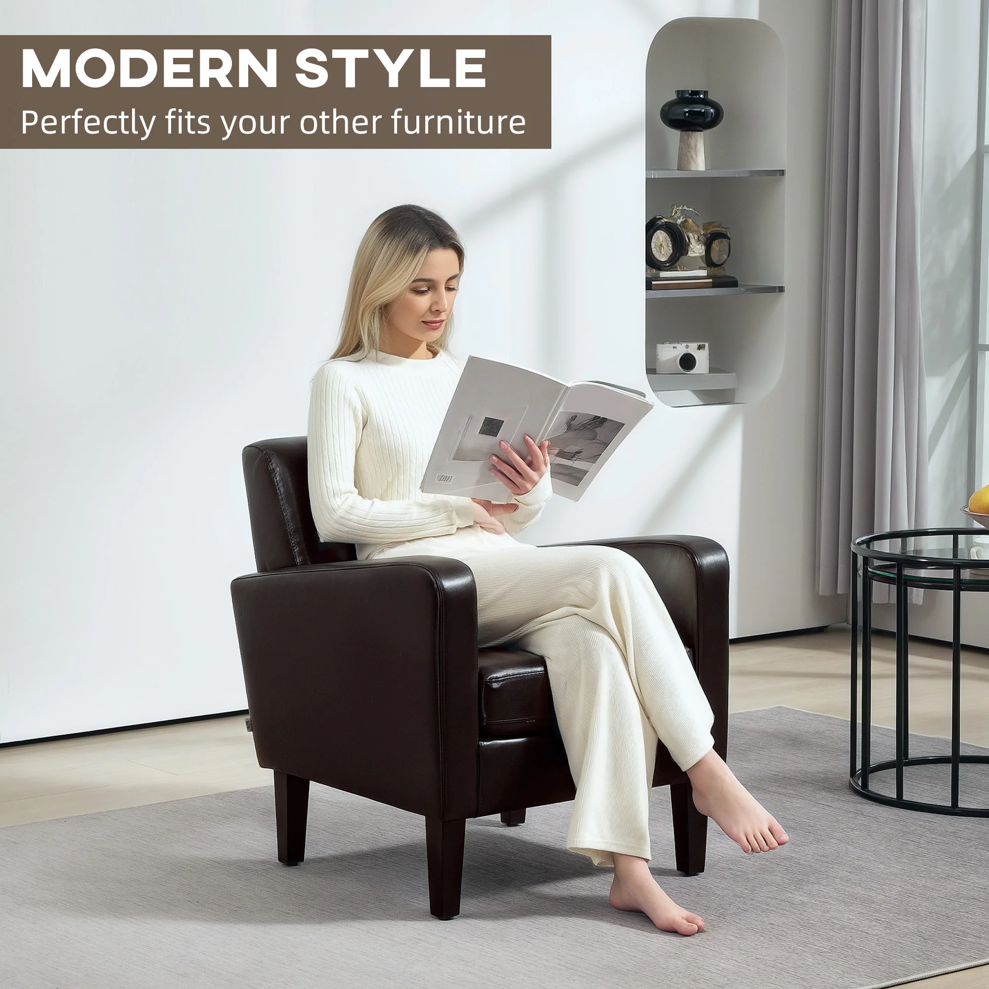 HOMCOM Armchair Accent Chair With Eucalyptus Wood Legs For Bedroom Brown - Image 3