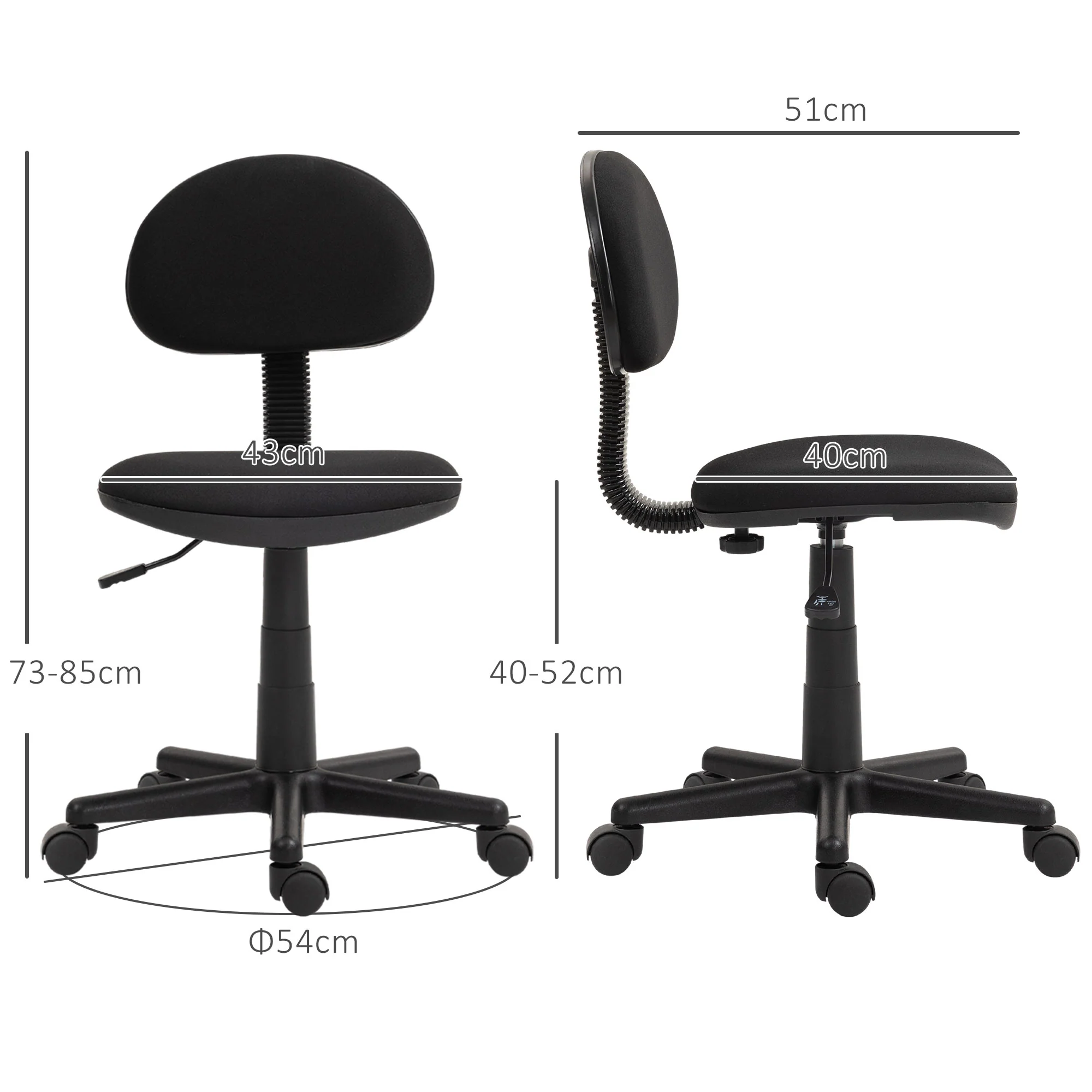 HOMCOM Armless Office Chair With Adjustable Height 360° Swivel Wheels Black - Image 5