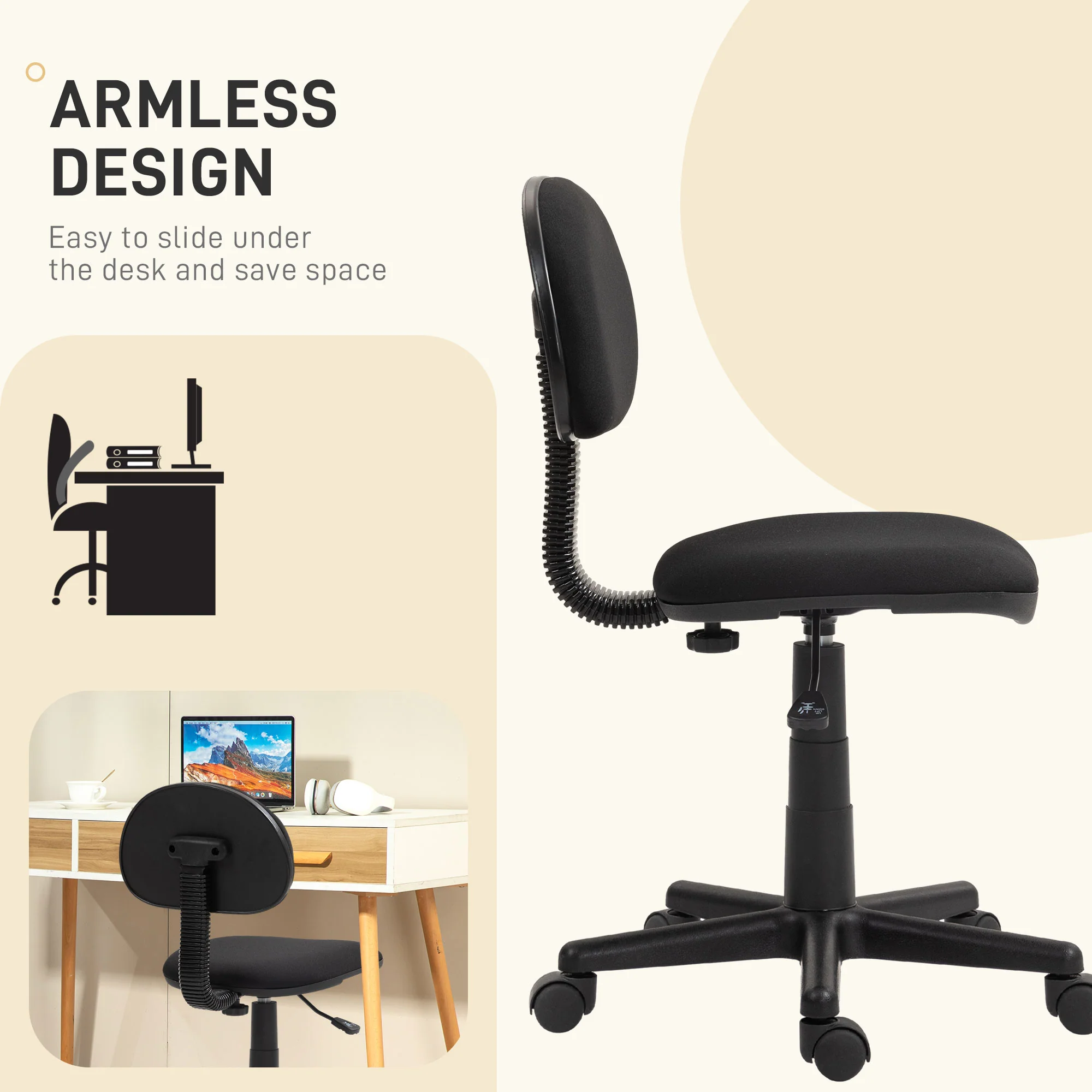 HOMCOM Armless Office Chair With Adjustable Height 360° Swivel Wheels Black - Image 6