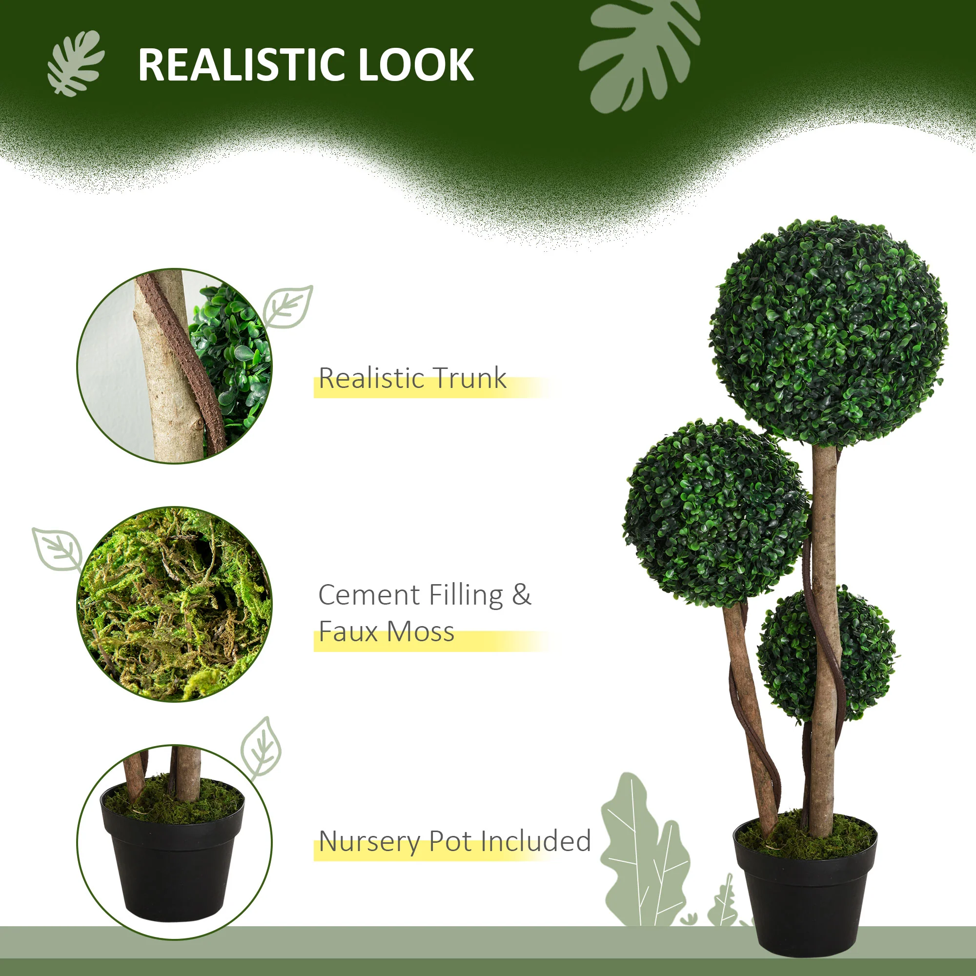 HOMCOM Artificial Plant Boxwood Ball Topiary Tree Indoor Outdoor, 90cm - Image 3