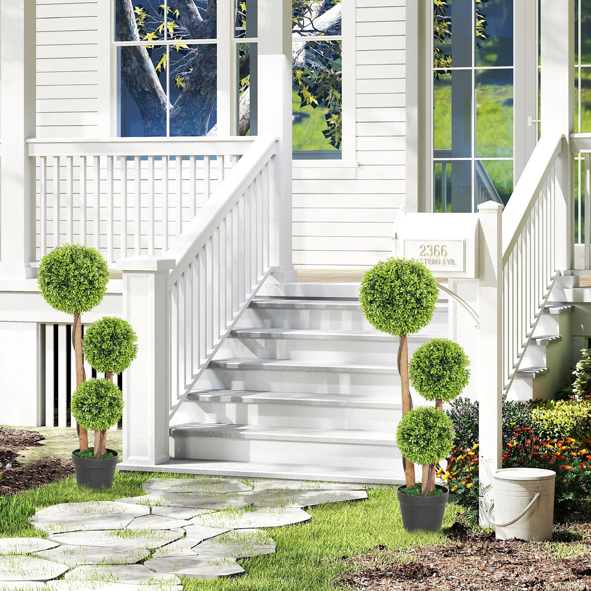 HOMCOM Artificial Plants Boxwood Ball Topiary Trees Set Of 2 Indoor Outdoor - Image 8