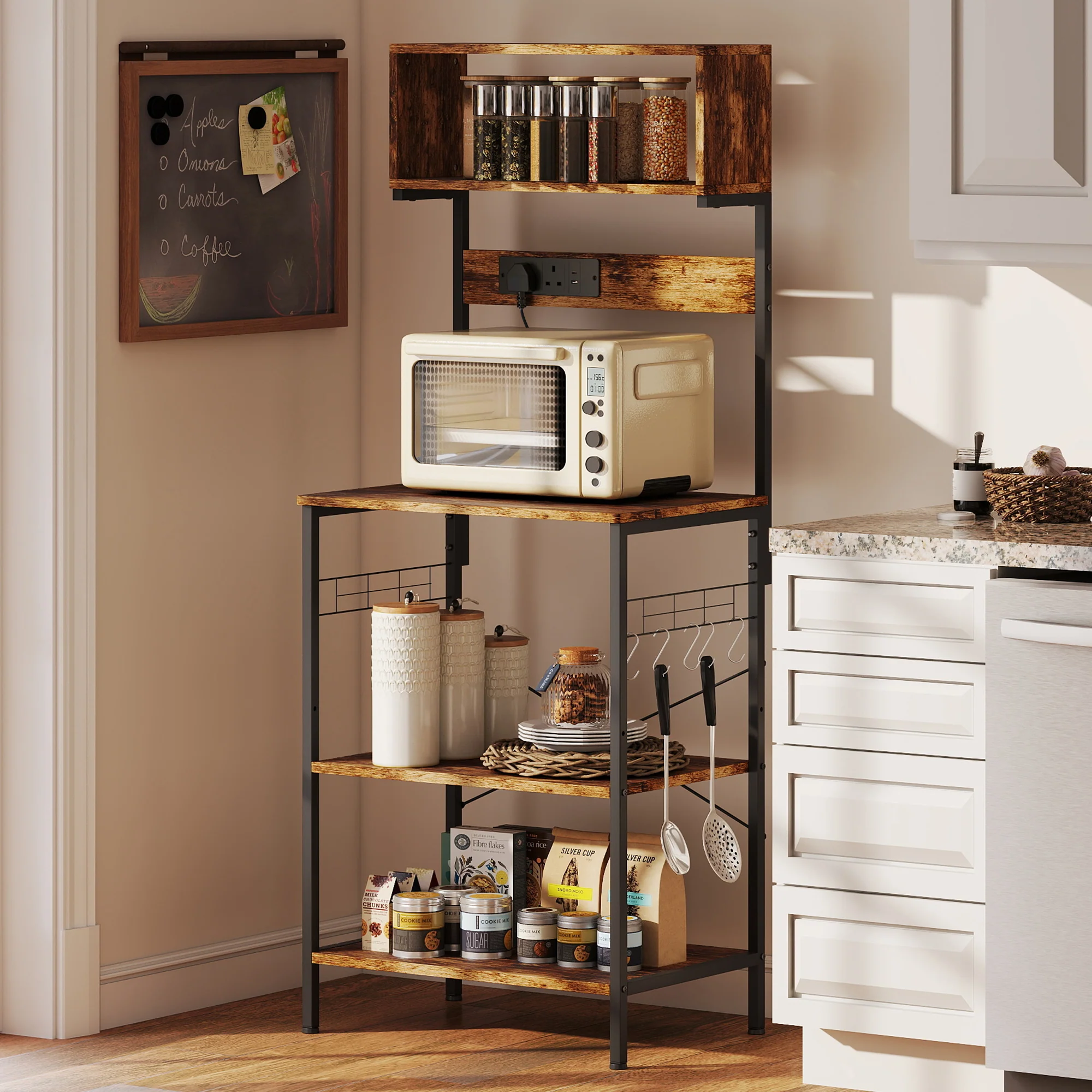 HOMCOM Bakers Rack with Power Outlet, 5 Hooks, Microwave Stand, Brown - Image 2