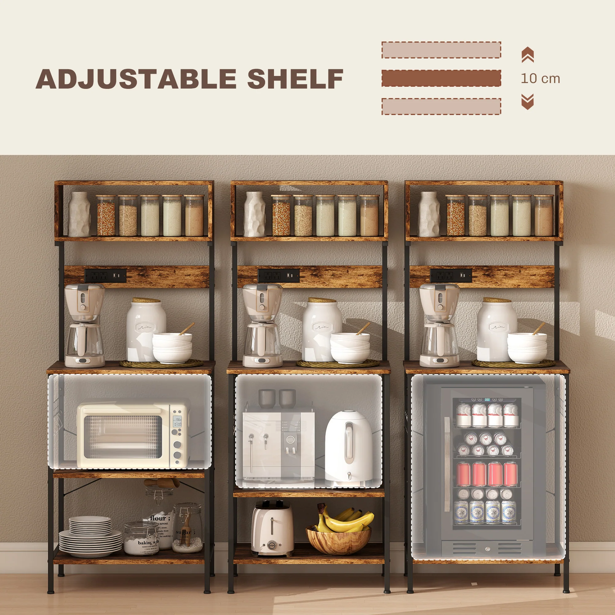HOMCOM Bakers Rack with Power Outlet, 5 Hooks, Microwave Stand, Brown - Image 4