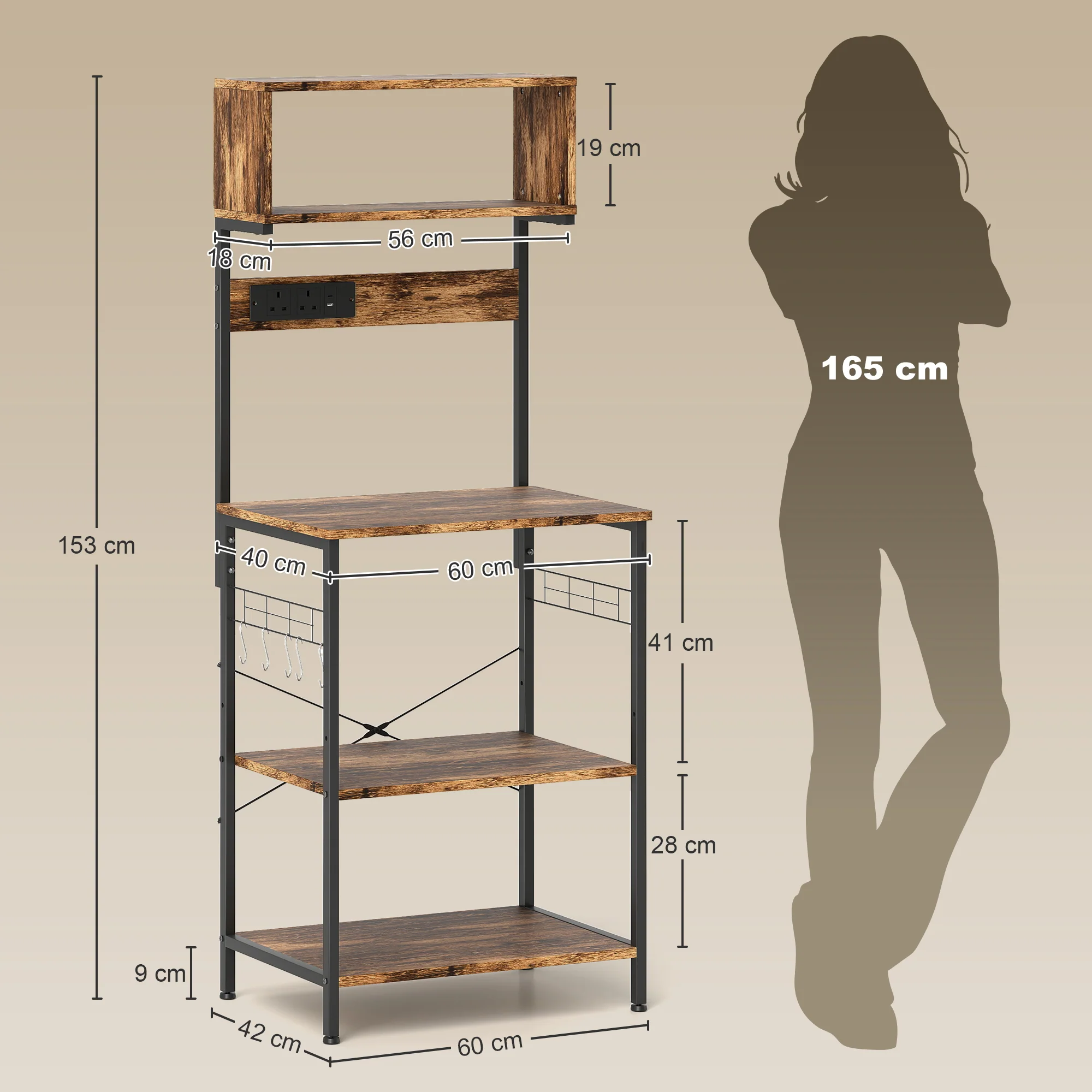 HOMCOM Bakers Rack with Power Outlet, 5 Hooks, Microwave Stand, Brown - Image 5