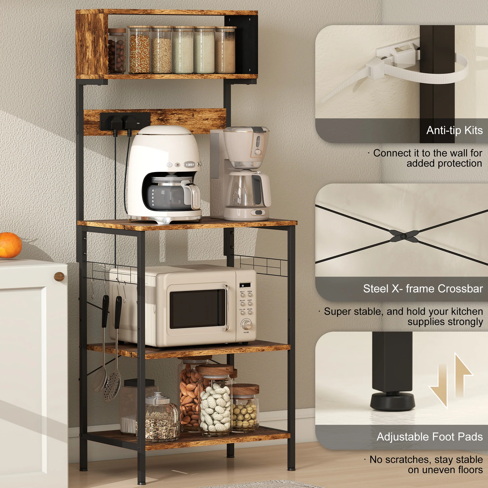 HOMCOM Bakers Rack with Power Outlet, 5 Hooks, Microwave Stand, Brown - Image 7
