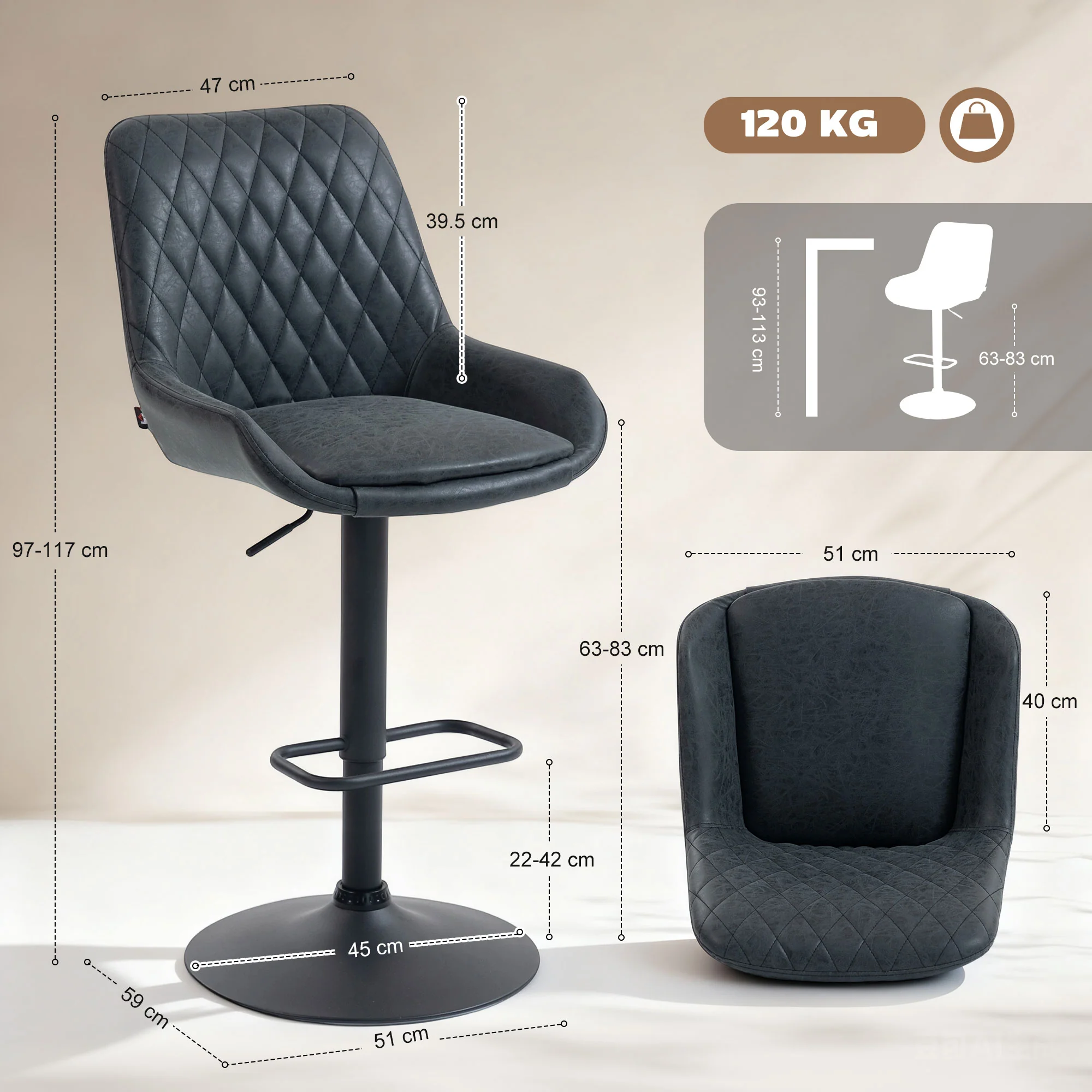 HOMCOM Bar Stools Set Of 2, Adjustable Bar Chairs 360 Degree Swivel Black - Image 5