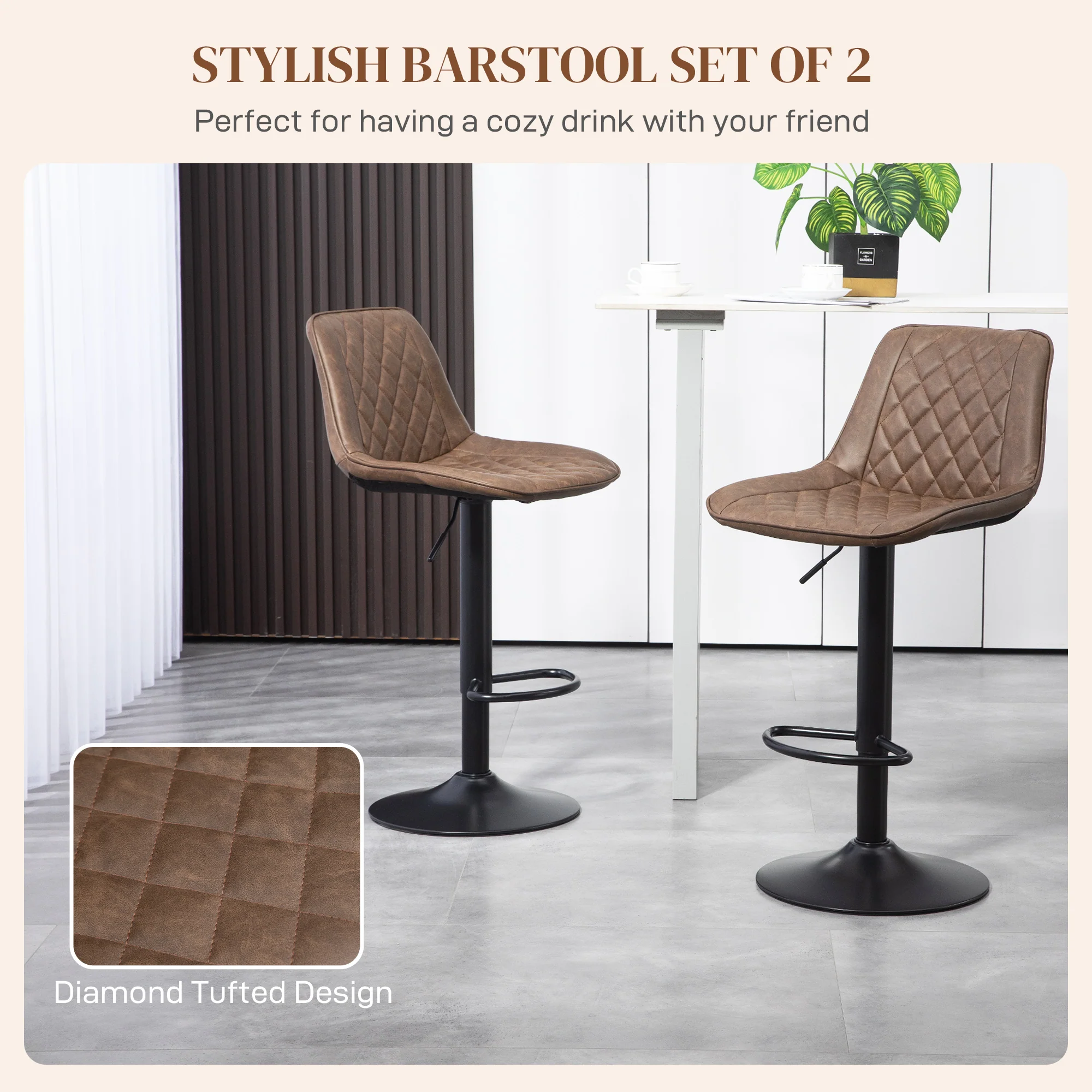 HOMCOM Bar Stools Set Of 2, Adjustable Bar Chairs 360° Swivel For Kitchen Brown - Image 3