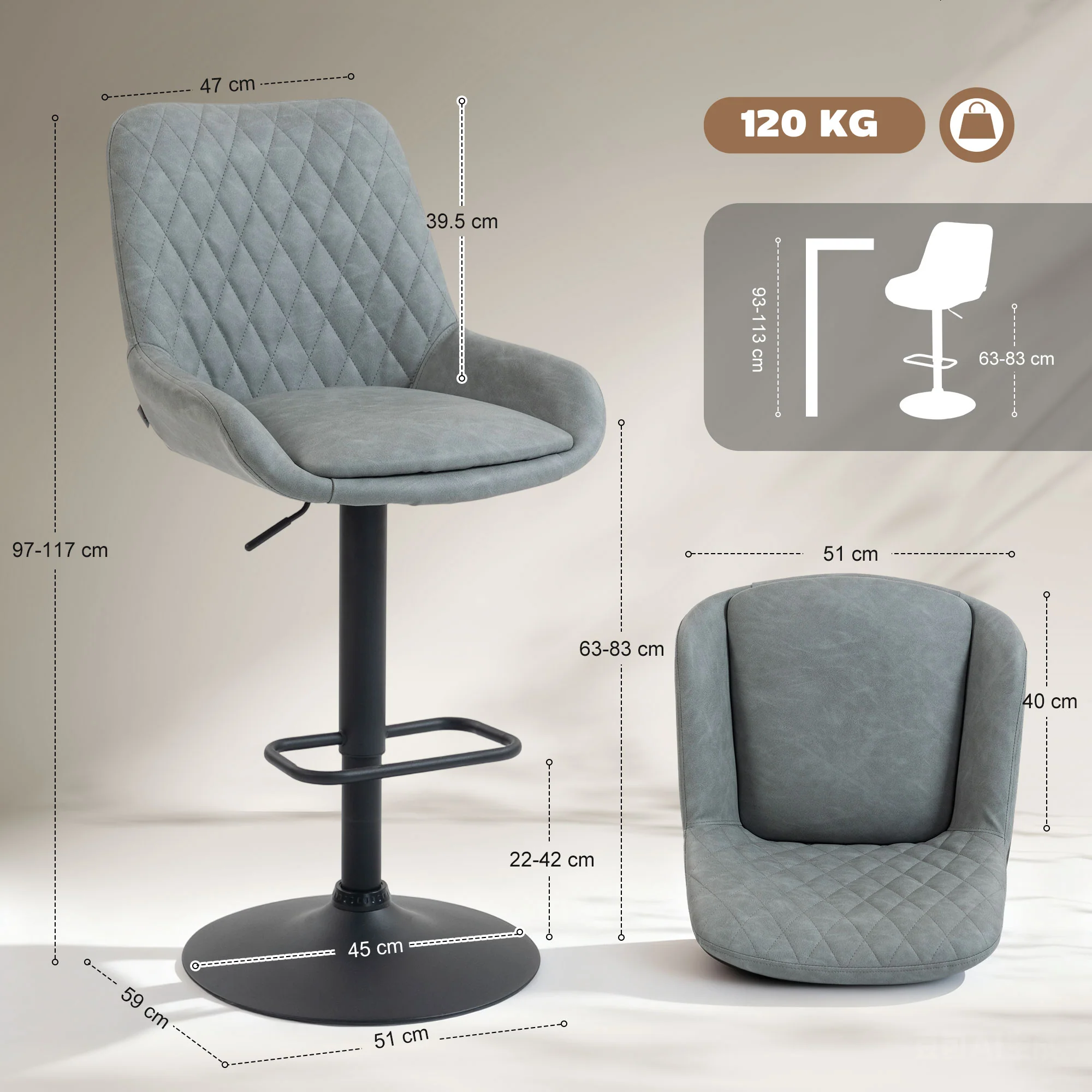 HOMCOM Bar Stools Set Of 2, Adjustable Bar Chairs Swivel Light Grey - Image 5